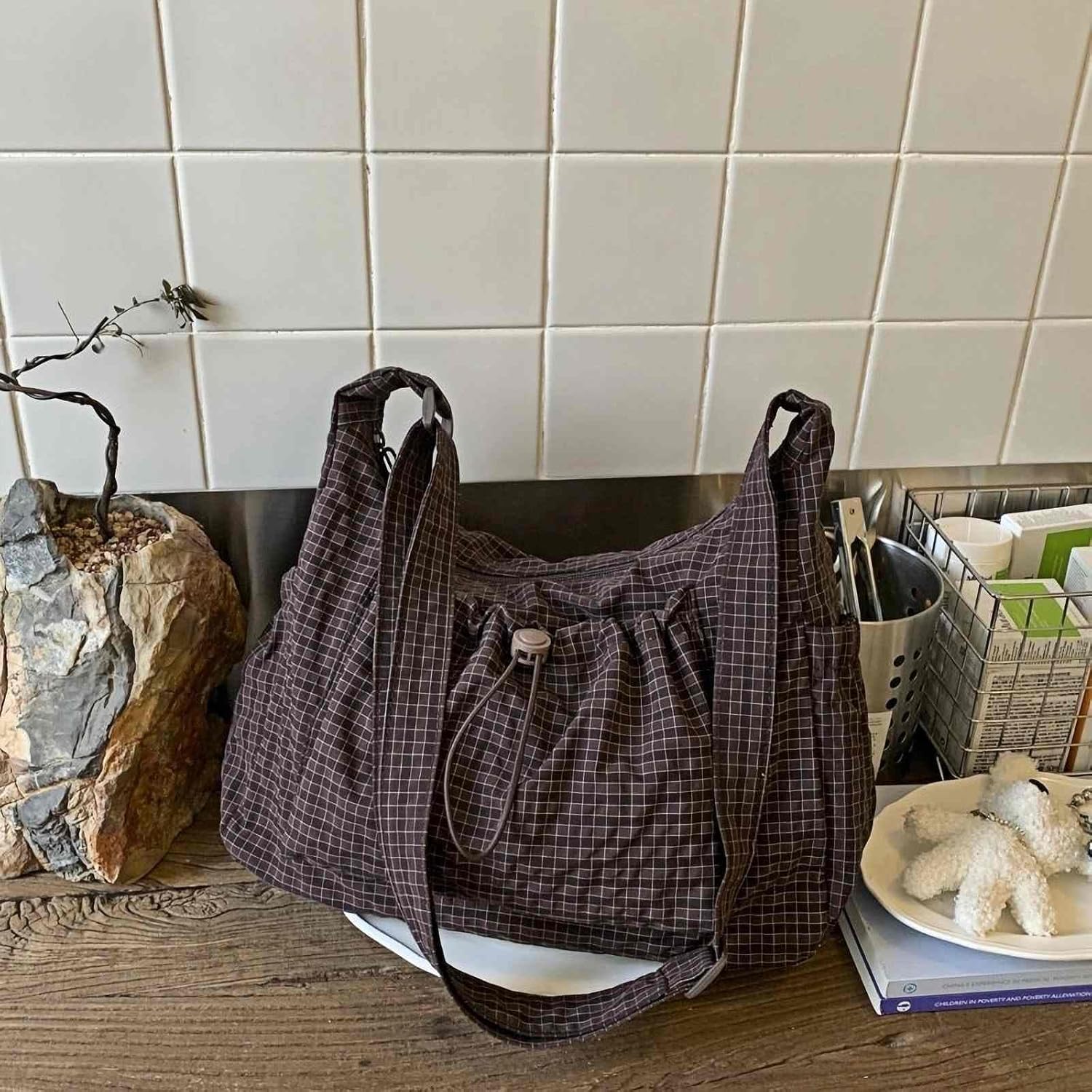 Plaid Purse Crossbody Bags, Nylon Slouchy Hobo Crossbody Bag, Cute Messenger Bag for Women, Brown Crescent Crossbody Purse, Trendy Everyday Fall Purse for Aesthetic - Image 7