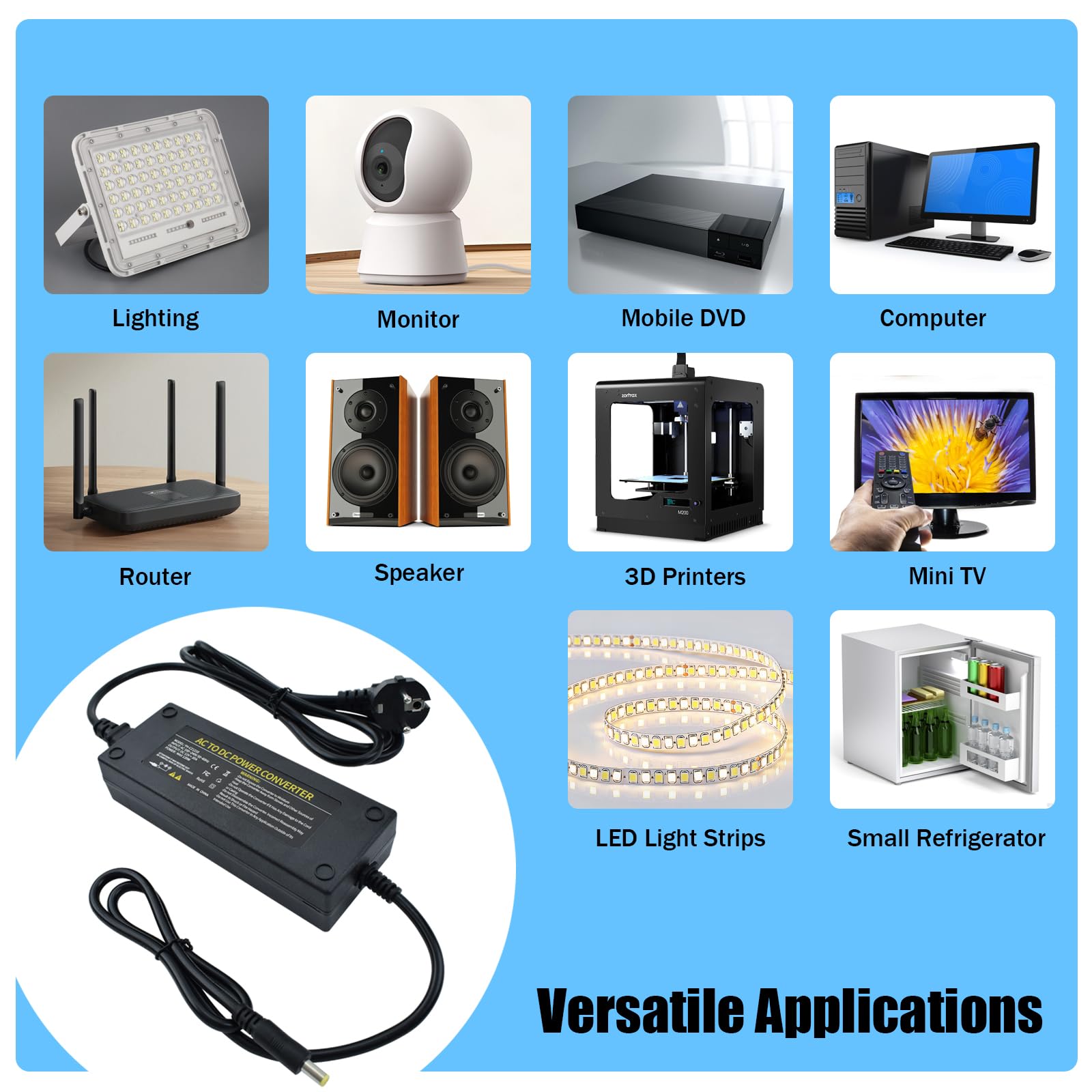 Zasilacz AC 100-240V do 12V 10A Transformator 120W Uniwersalny zasilacz z wtyczką 5,5 x 2,5 mm do taśm LED, kamer, DVD, ekranów LCD i innych