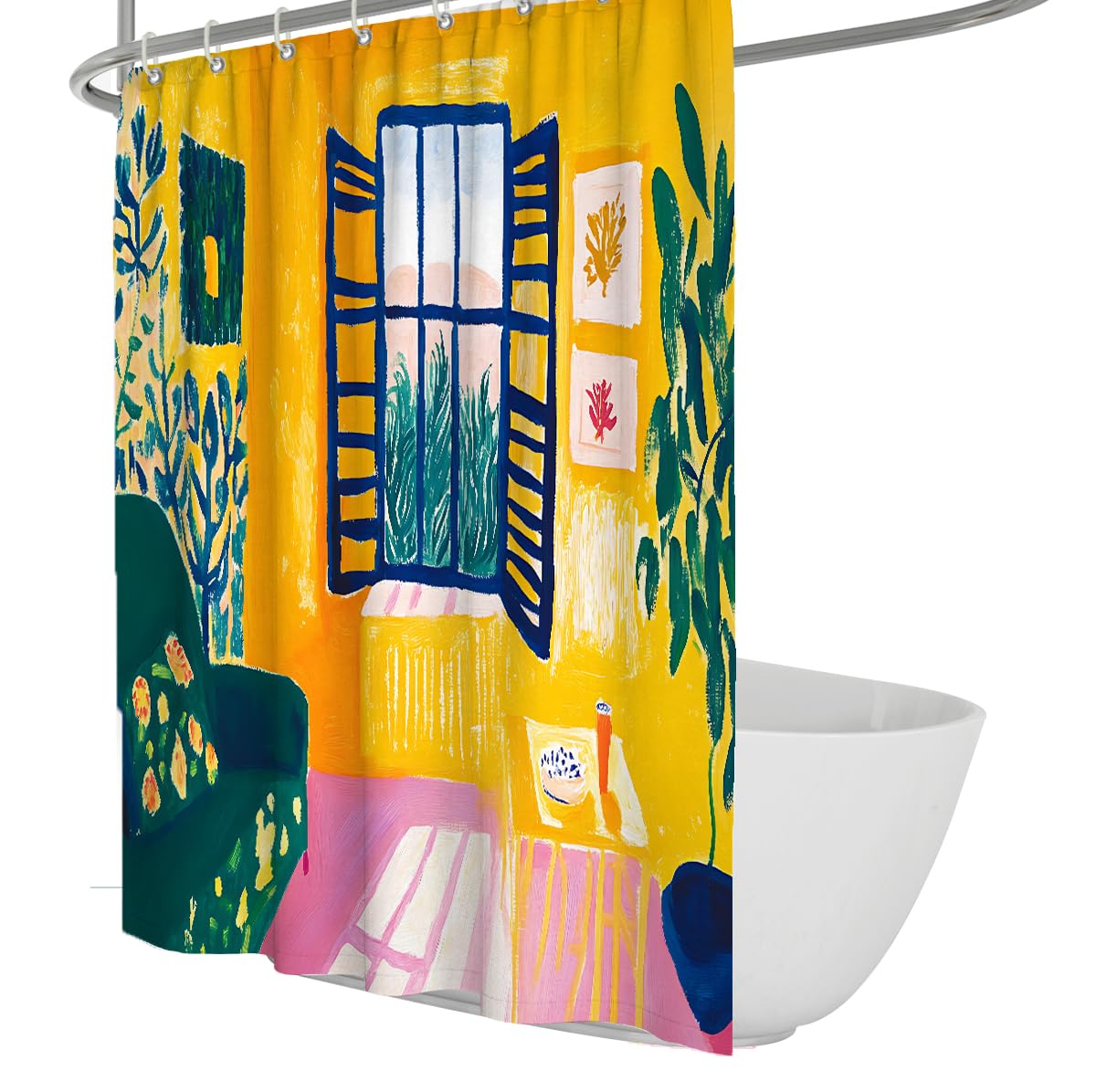 OLLIAR Home Abstract Yellow Room Shower Curtain Set Vibrant Window Modern Aesthetic Shower Curtain Waterproof Polyester Fabric Bathroom Curtain with Hooks 150x180cm