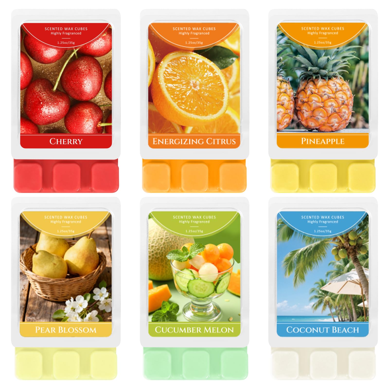 SCENTORINI Wax Melts 6 Pack β Soy Scented Wax Cubes for Wax Burner β Fruity Tropical Aromas with Cherry, Coconut Beach, Pear Blossom, Citrus β Strong Long-Lasting Fragrance for Home, Gifts