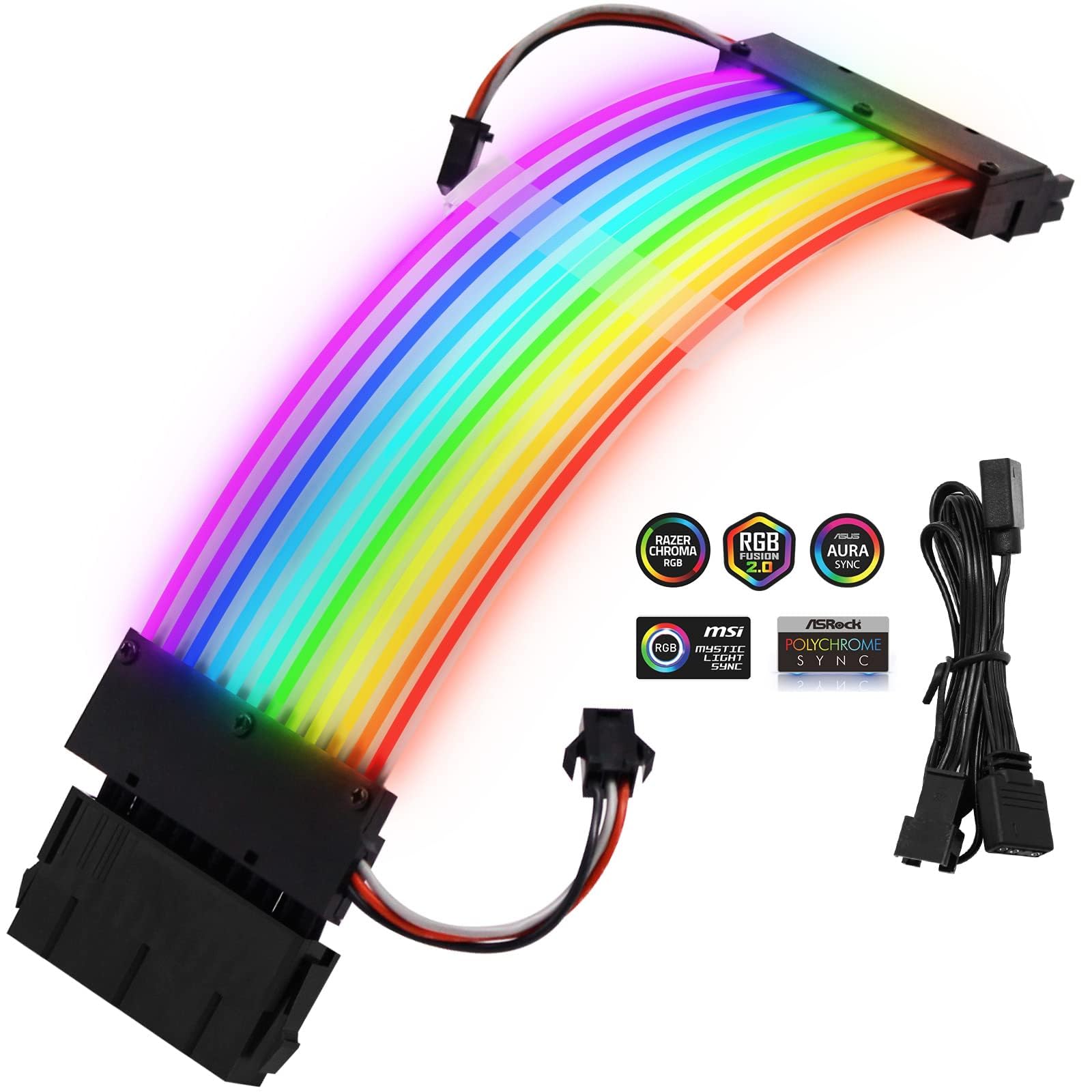 KASTWAVE Power Supply Sleeved Cable, Customization 24 Pin ATX RGB Cable Extension Kit 16AWG, 5V 3Pin Synchronized PSU Cable for RGB Software from All Major Motherboard Cable Management