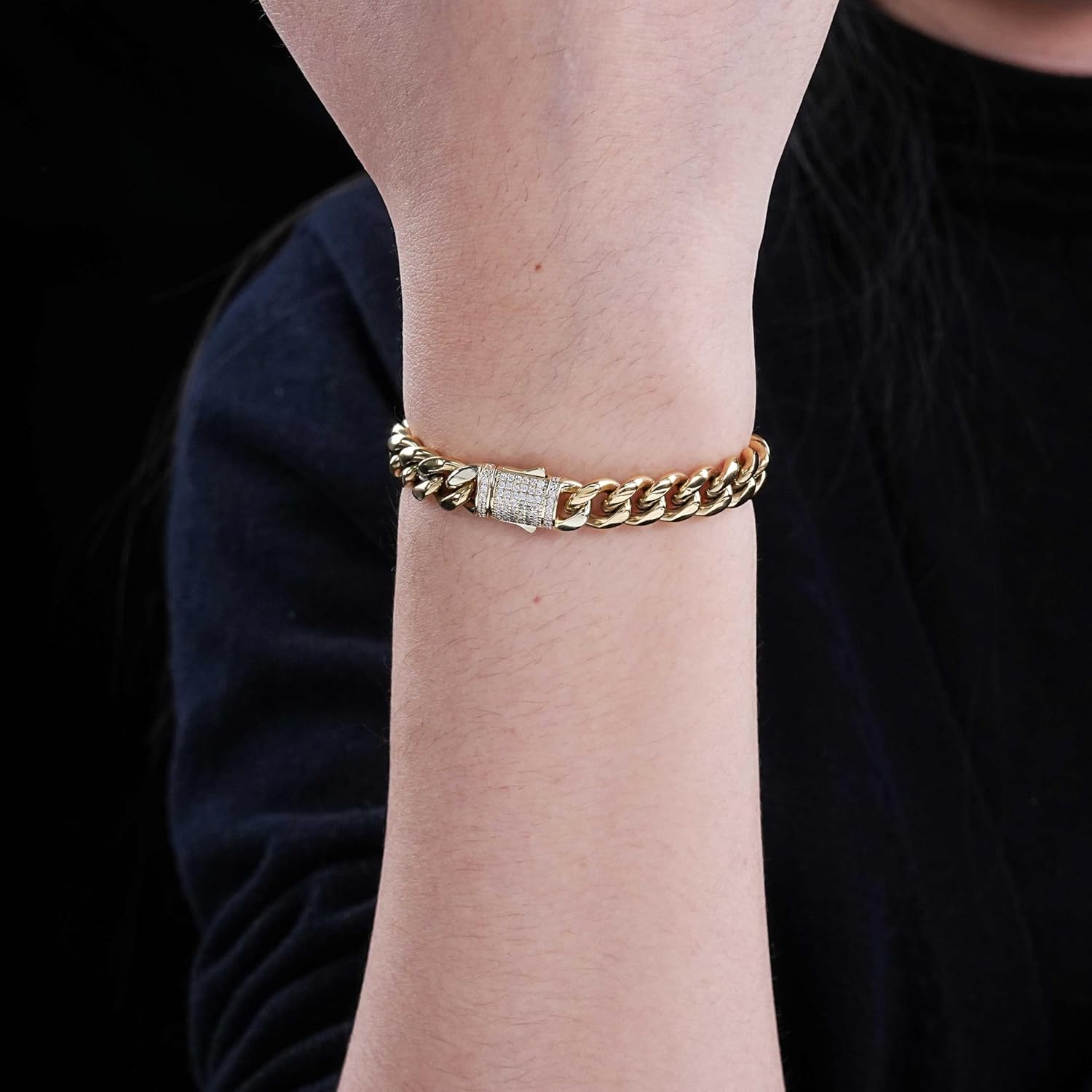 12mm Miami Cuban Link Bracelet 14K REAL Gold Plated Hypoallergenic Premium Stainless Steel Hip Hop Jewelry For Men Women Father Day Birthday Gift (No Color Fade, Double-sided Iced Out Clasp) - Image 3