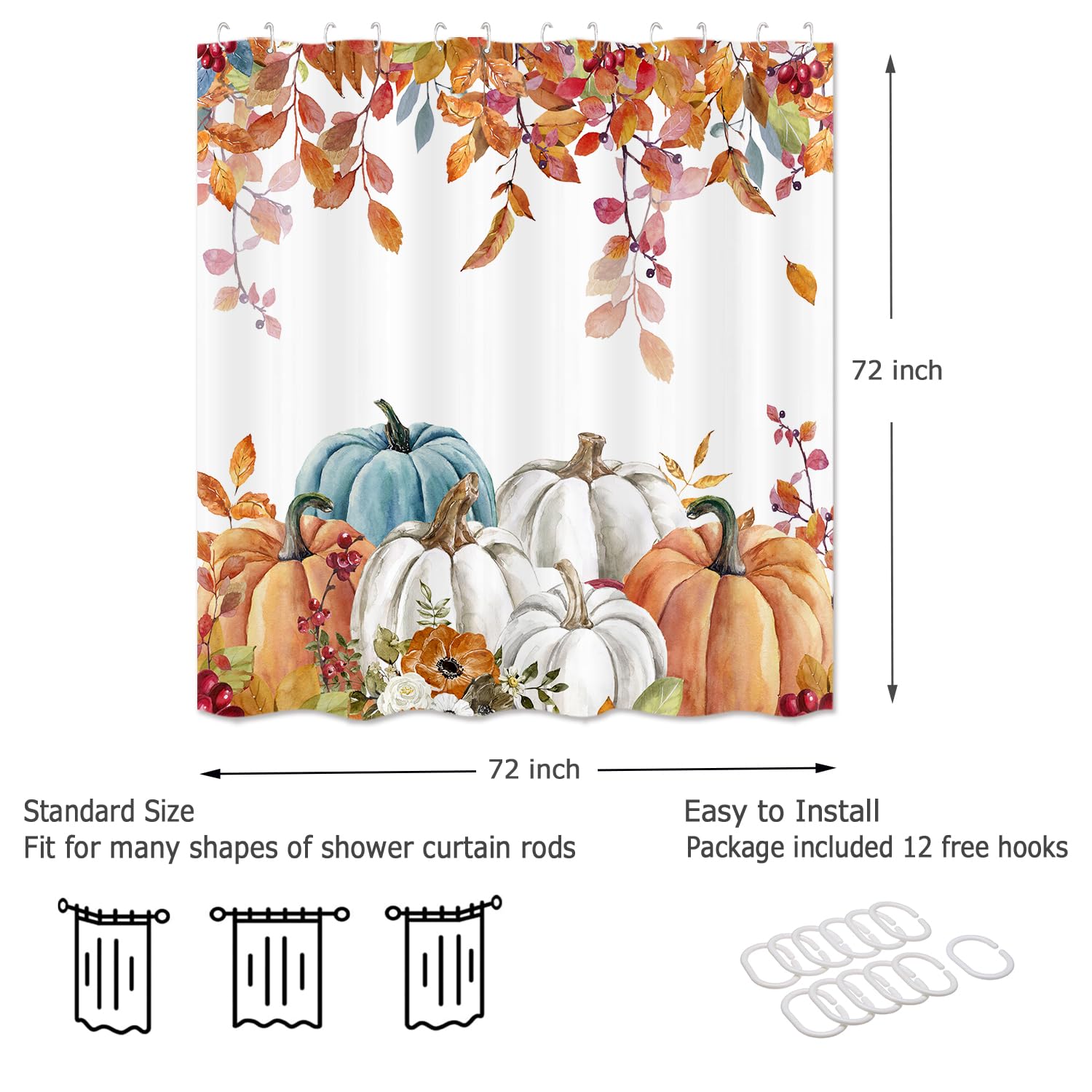Sokdcam Duschvorhang Herbst-Kürbis-Design – Wasserdicht, 183 X 183 Cm, Mit 12 Haken
