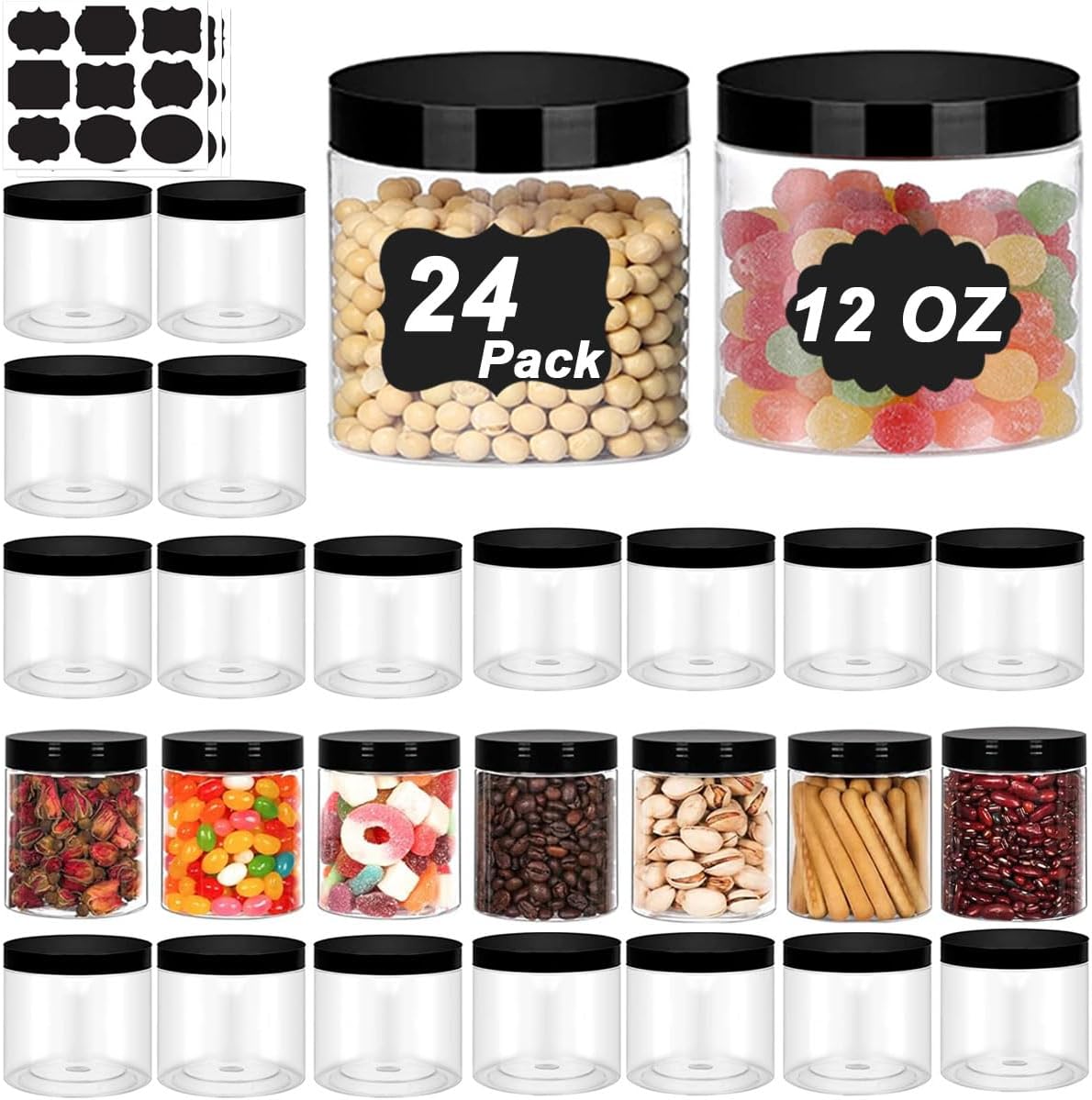 24 Pack Plastic Jars With Lids 12 OZ PET Plastic Jars Round Plastic Slime Storage Jars Wide Opening Clear Empty Plastic Jars with Screw On Lids For Dry Food Kitchen Craft Storage