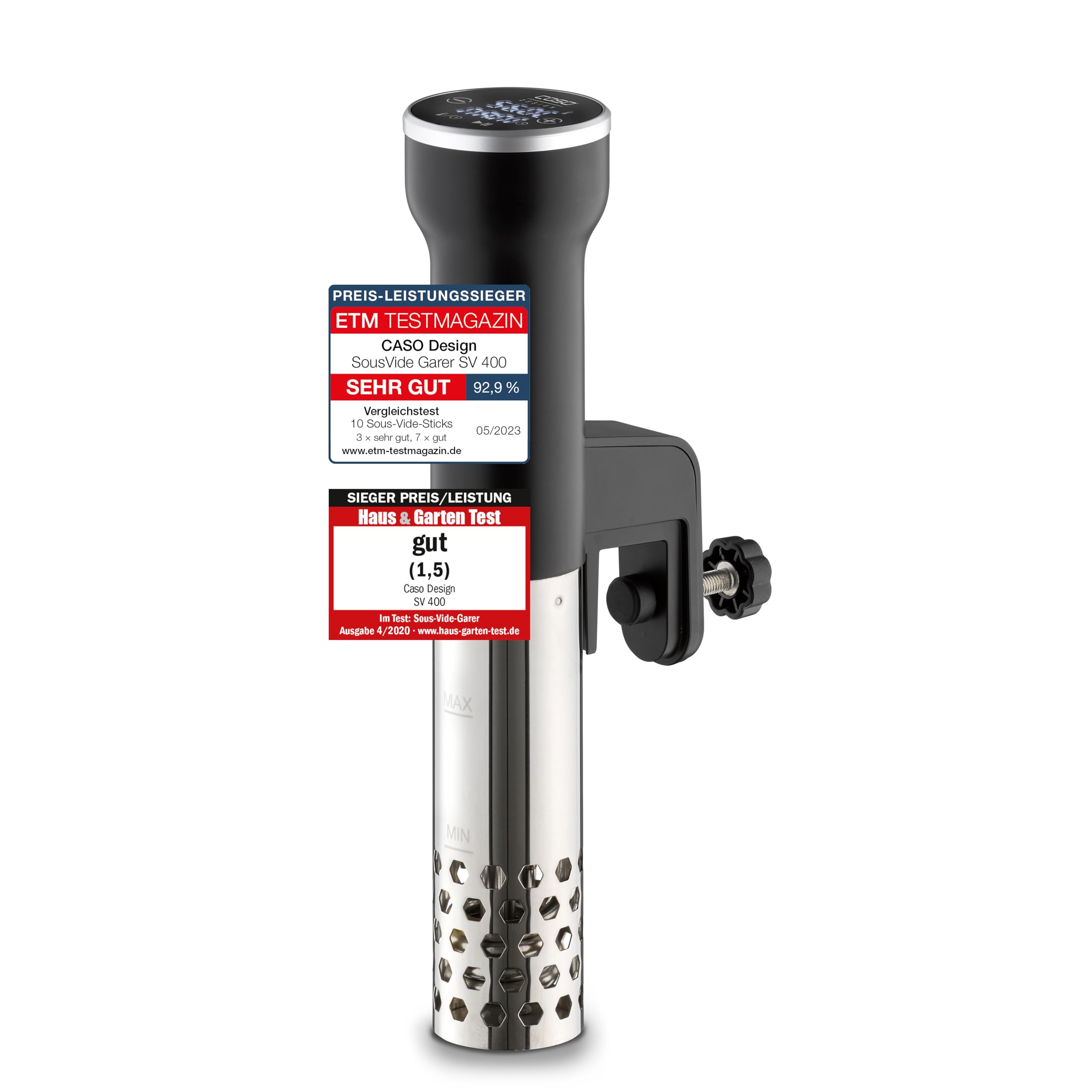 CASO SV400 Sous Vide Stick, Testsieger Haus & Garten Test für Behälter bis 20l Volumen, 25-90°C in 0,5°C Schritten, IPX7, platzsparendes Design