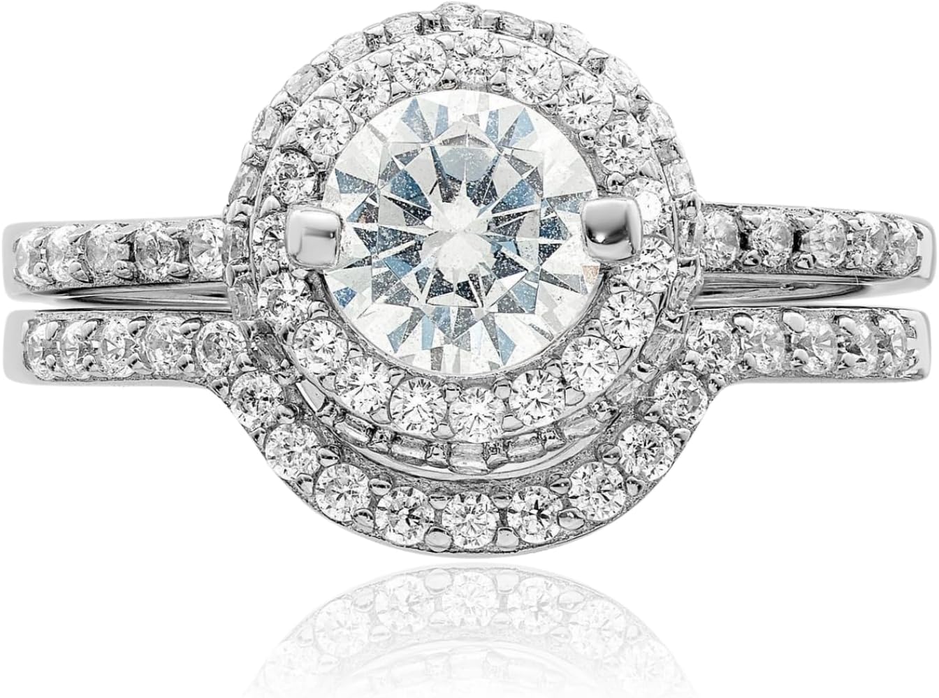 IceCarats 925 Sterling Silver Cubic Zirconia Halo Engagement Set Wedding Ring 1.72mm Slim Band Round Cut, Prong Set