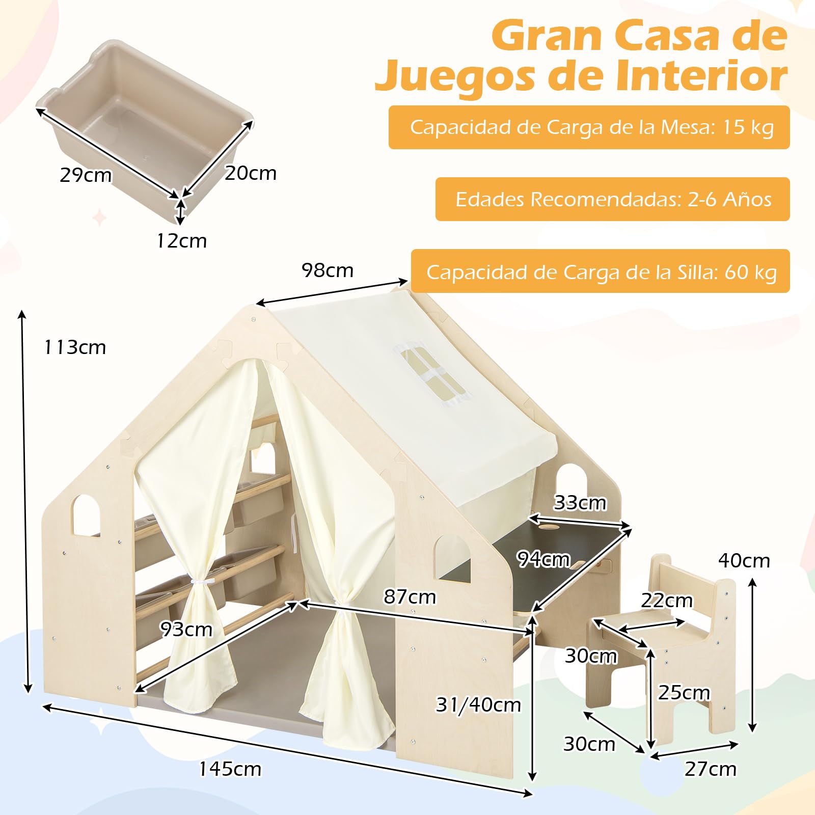 GOPLUS Tienda de Campaña de Madera para Niños de 2-6 Años, Tienda de Juego 6 en 1 con Mesa y Silla Infantil de Altura Ajustable con Pizarra, Colchón de Espuma, 6 Cajas para Juguetes, Carga Máx 60kg
