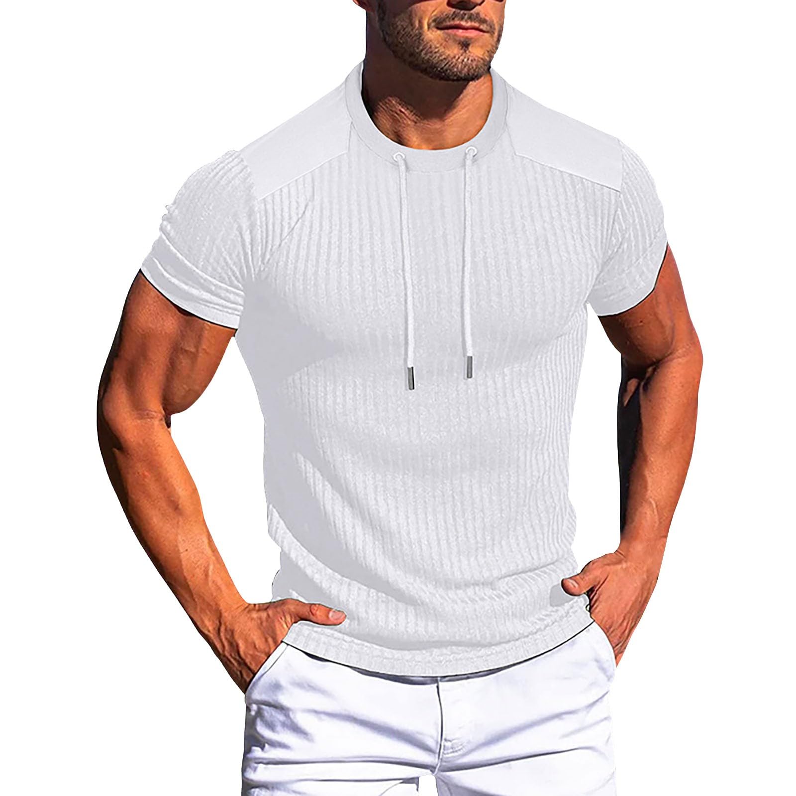 Generico Maglia Uomo Muscolare Maniche Corte Collo Tondo in Cotone A Costine, vestibilità Snella Indumento Sportivo per Allenamenti in Palestra