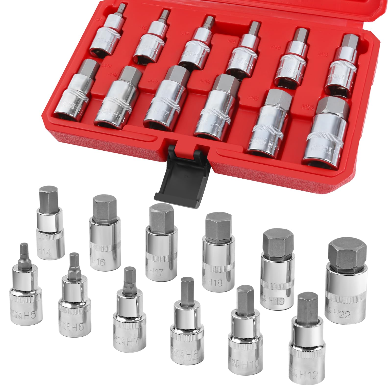 12 Pezzi Set di bussole per chiavi a brugola, 1/2" Set di bussole a bussola esagonali, Chiavi a Bussola 5,6,7,8,10,12,14,16,17,18,19,22 mm