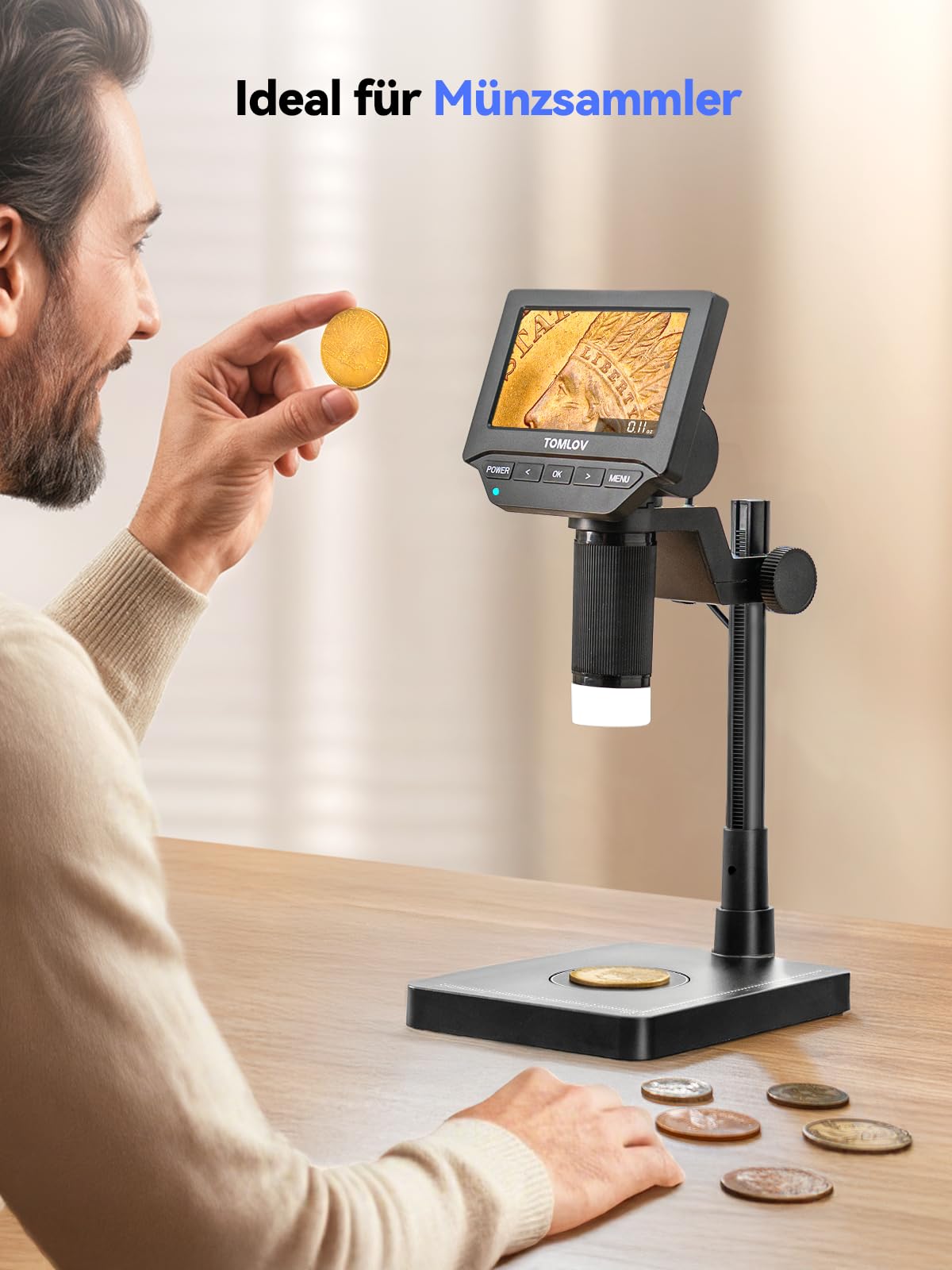 TOMLOV DM4W Mikroskop Digital mit Waage: Münzmikroskop mit 4,3" IPS-Bildschirm, USB Münzlupe mit LED-Beleuchtung, Präzisionswaage für Sammler, Juweliere, PC/Mac-Kompatibel