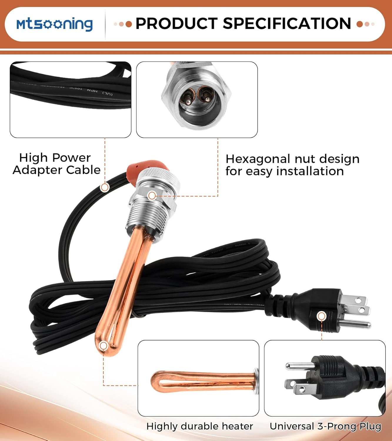 Mtsooning 3500043 Engine Block Immersion Heater Replacement for Ford,Mercury,Lincoln,International,Caterpillar，Detroit Diesel,Hino,Mack,Nissan,3/4" NPT Thread,CSA Approved,120 Volts,1000 Watts