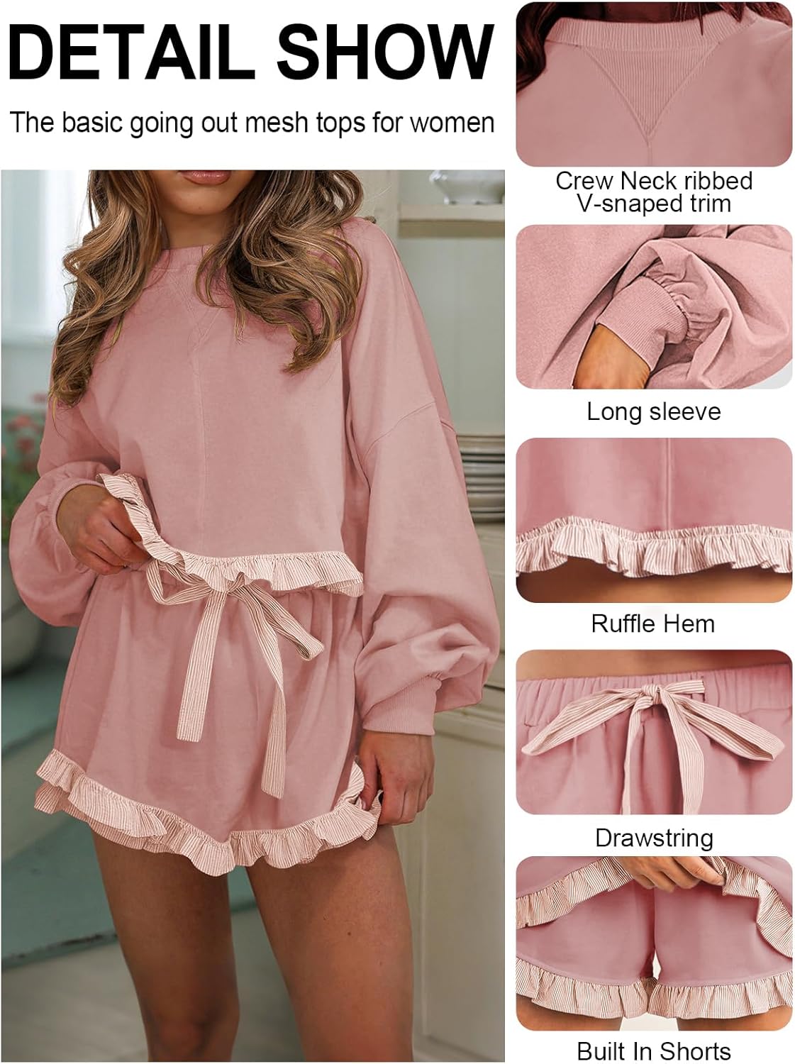 Womens 2 Piece Set Crewneck Sweatshirt Ruffle short Sets Fall Fashion cute tennis Matching Lounge Outfits - Image 4