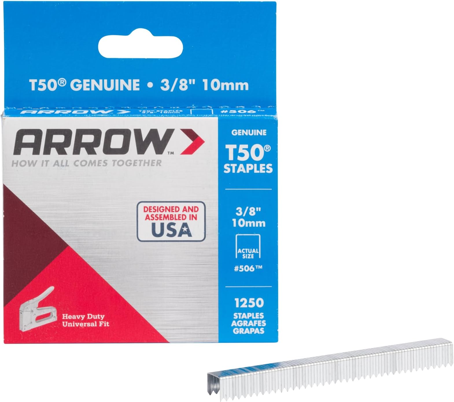 Arrow 506 T50 Heavy Duty Staples, 3/8-Inch Leg Length, 3/8-Inch Crown Width Staples for Upholstery, Construction, Furniture, Crafts, 1250-Pack