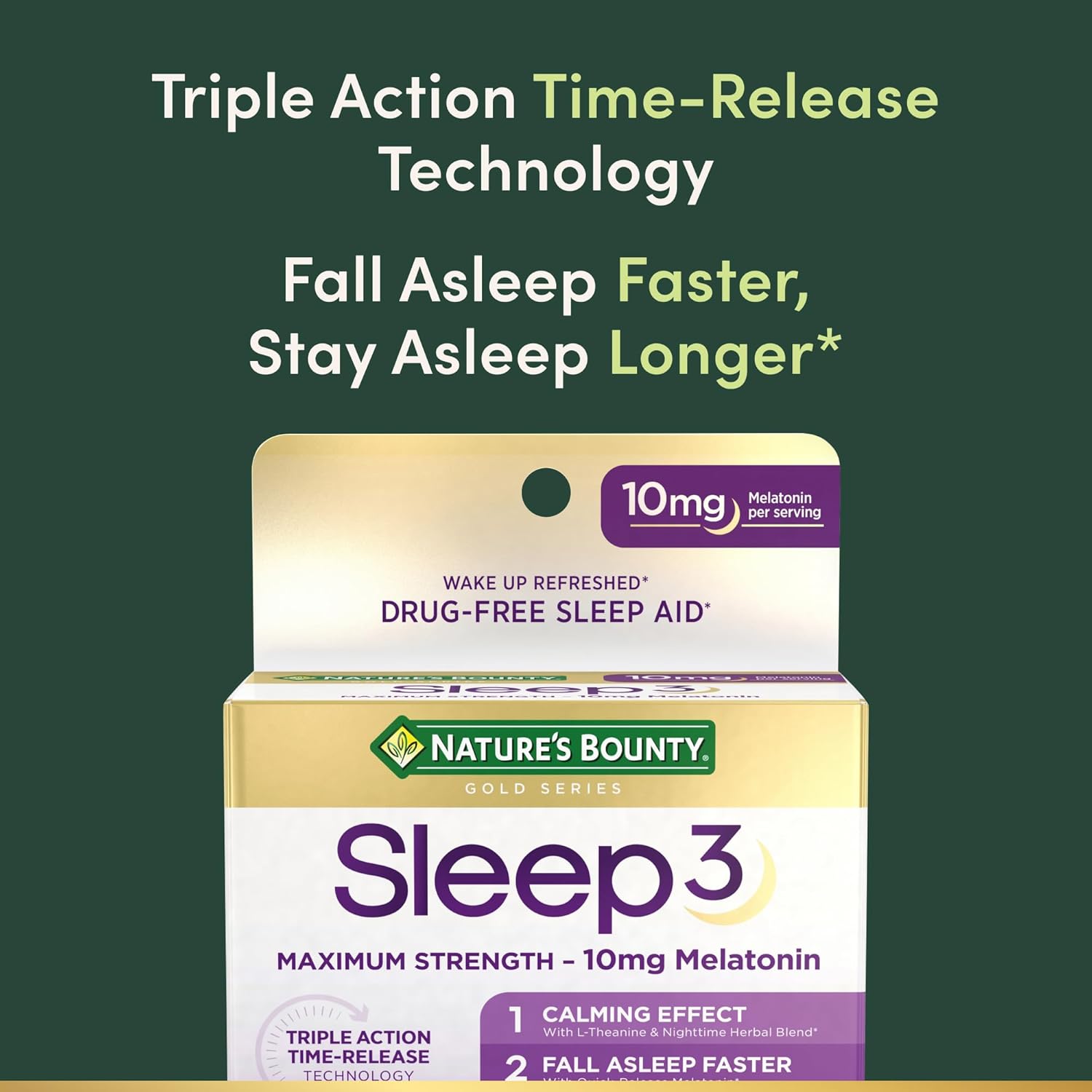 Nature’s Bounty Sleep3 Melatonin 10mg, Maximum Strength 100% Drug Free Sleep Aid, Dietary Supplement, L-Theanine & Nighttime Herbal Blend Time Release Technology, 60 Tri-Layered Tablets - Image 3