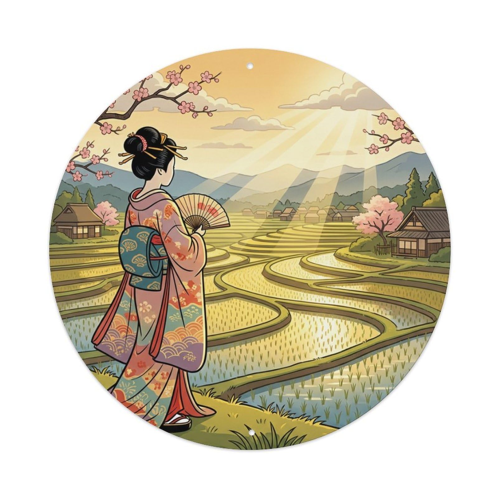 Metal Tin Sign Japanese Geisha Morning Light Rice Field Pastoral Ukiyo-e