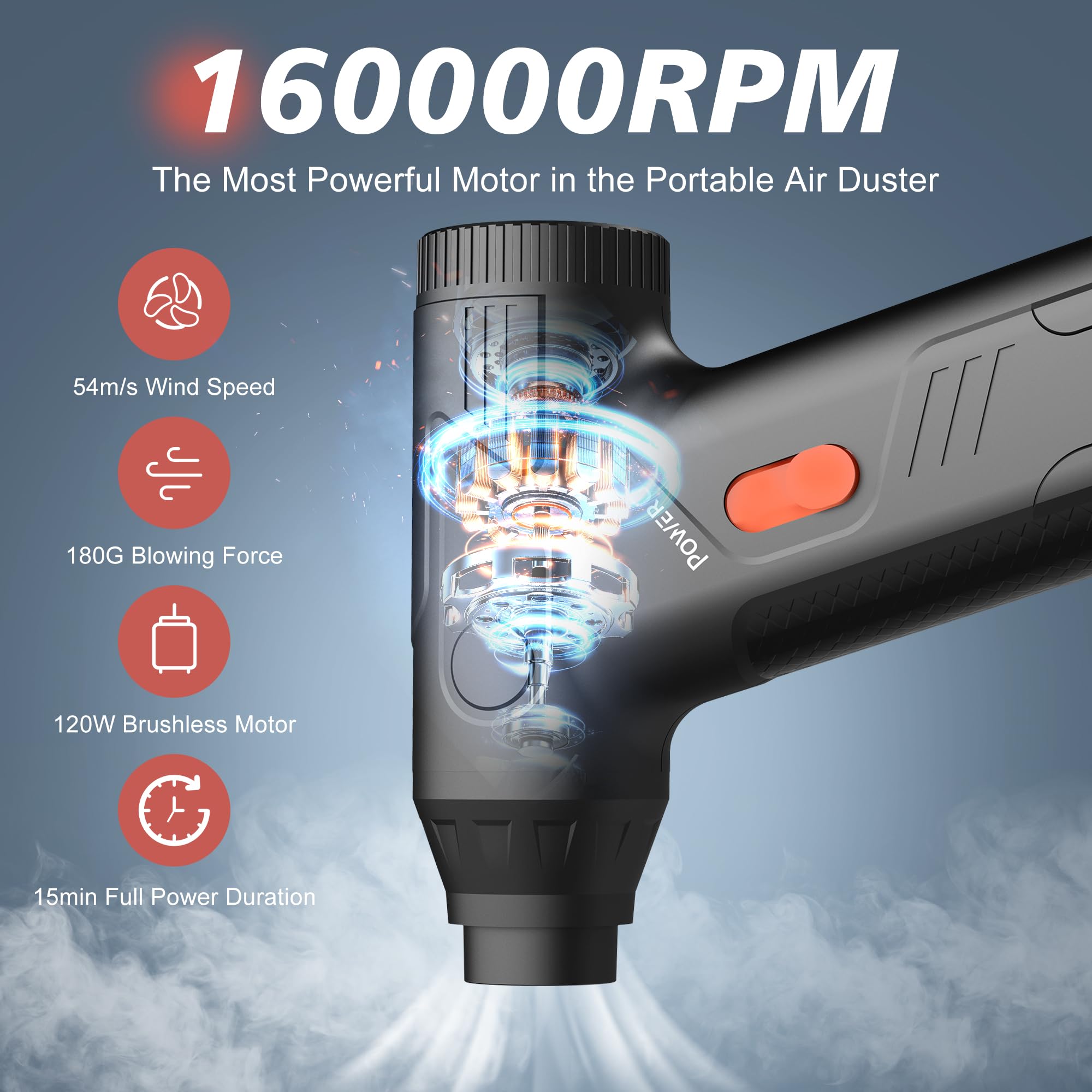 PowerGale Mini Compressed Air Duster - 160000RPM Electric Air Duster, Stepless Speed Tiny Rechargeable Cordless Air Blower for Electric Devices Cleaning Replaces Compressed Air Cans, Black