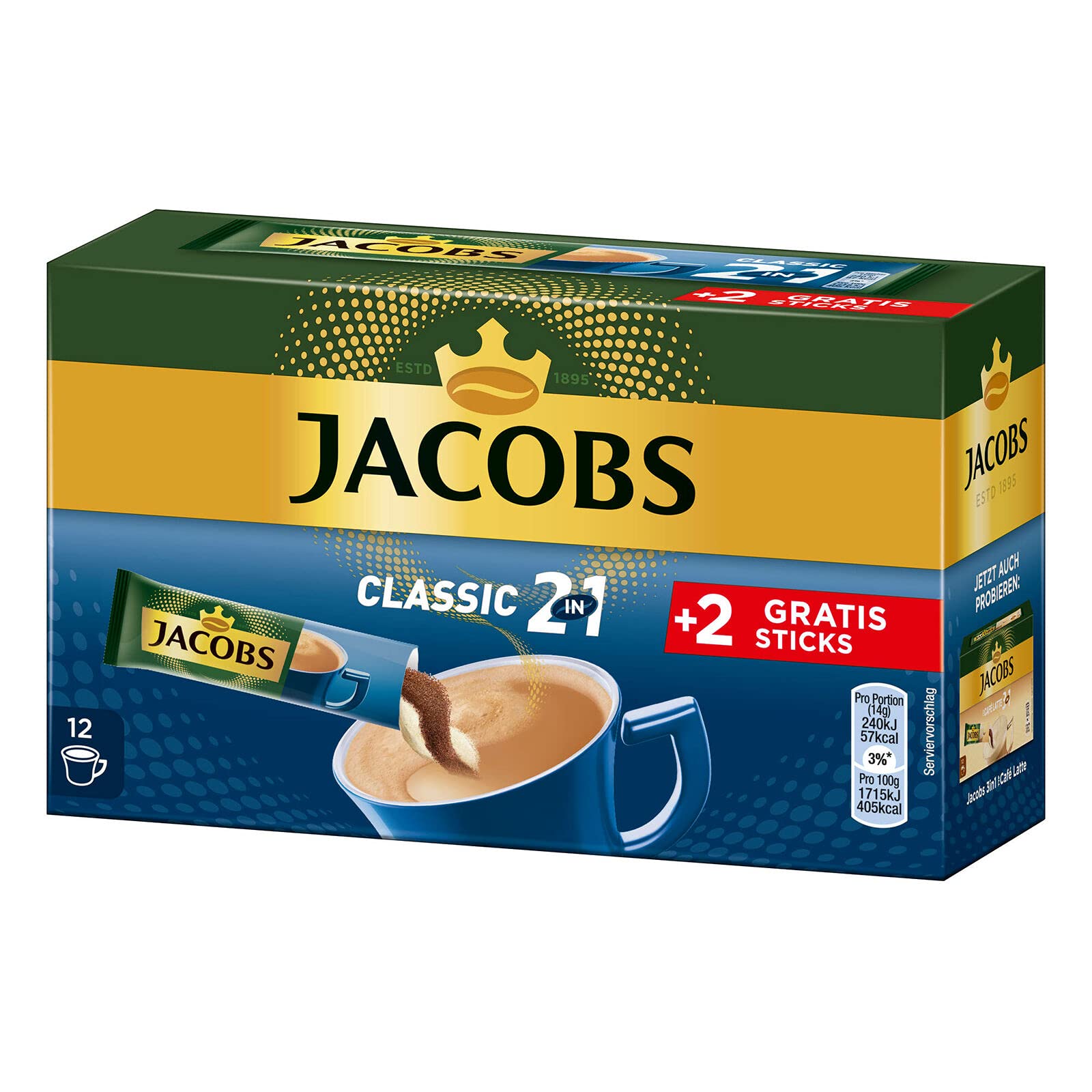 Jacobs Kaffeespezialitäten 2 in 1, 144 Sticks mit Instant Kaffee, 12 x 10+2 Getränke, Nur für kurze Zeit