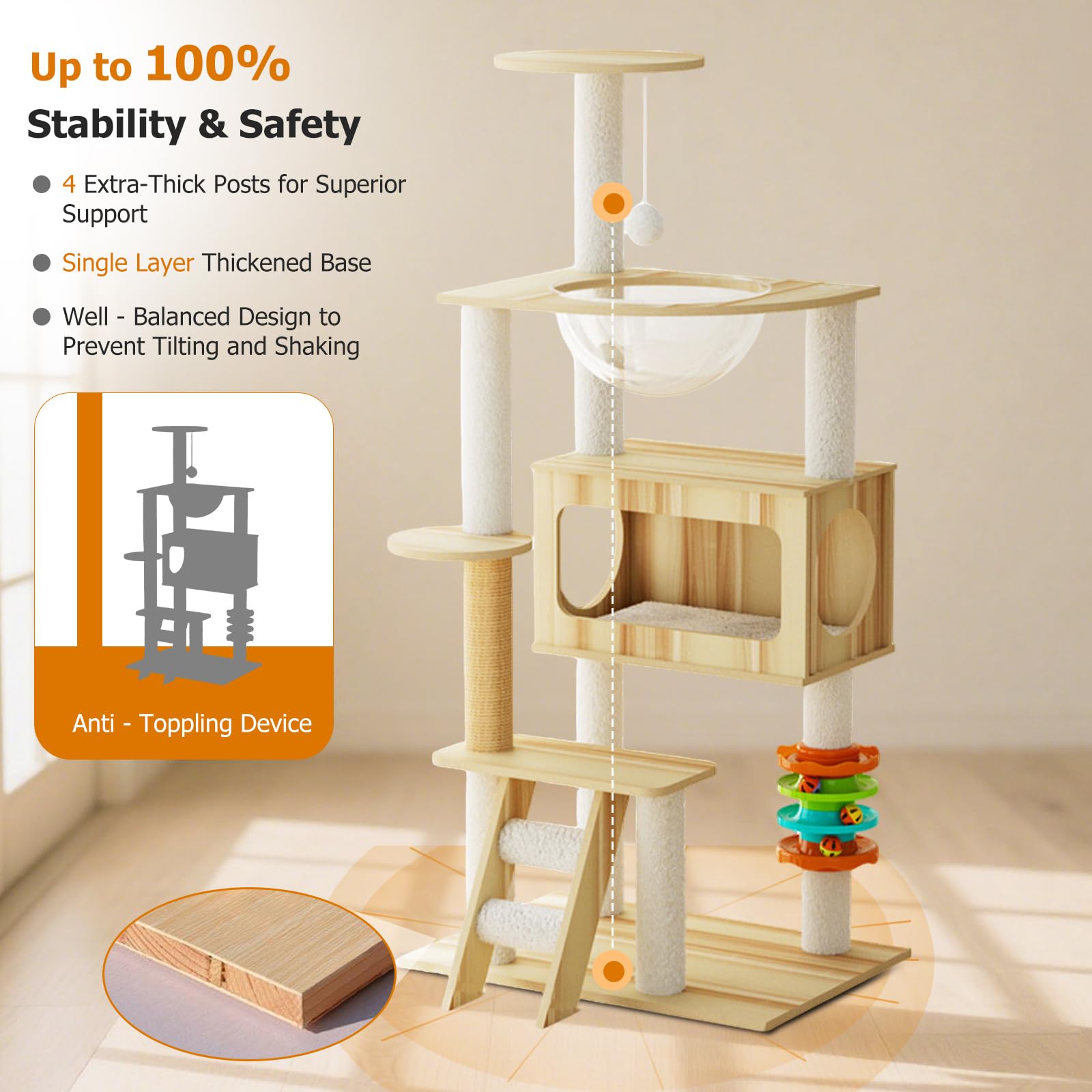 PETCUTE Torre per Gatti in Legno,Grande,Più Gatti,119cm Tiragraffi per Gatti Stabile con Capsula Spaziale Trasparente,Piattaforma di Osservazione, Parco Giochi,Scala,Grotta,Facile da Pulire