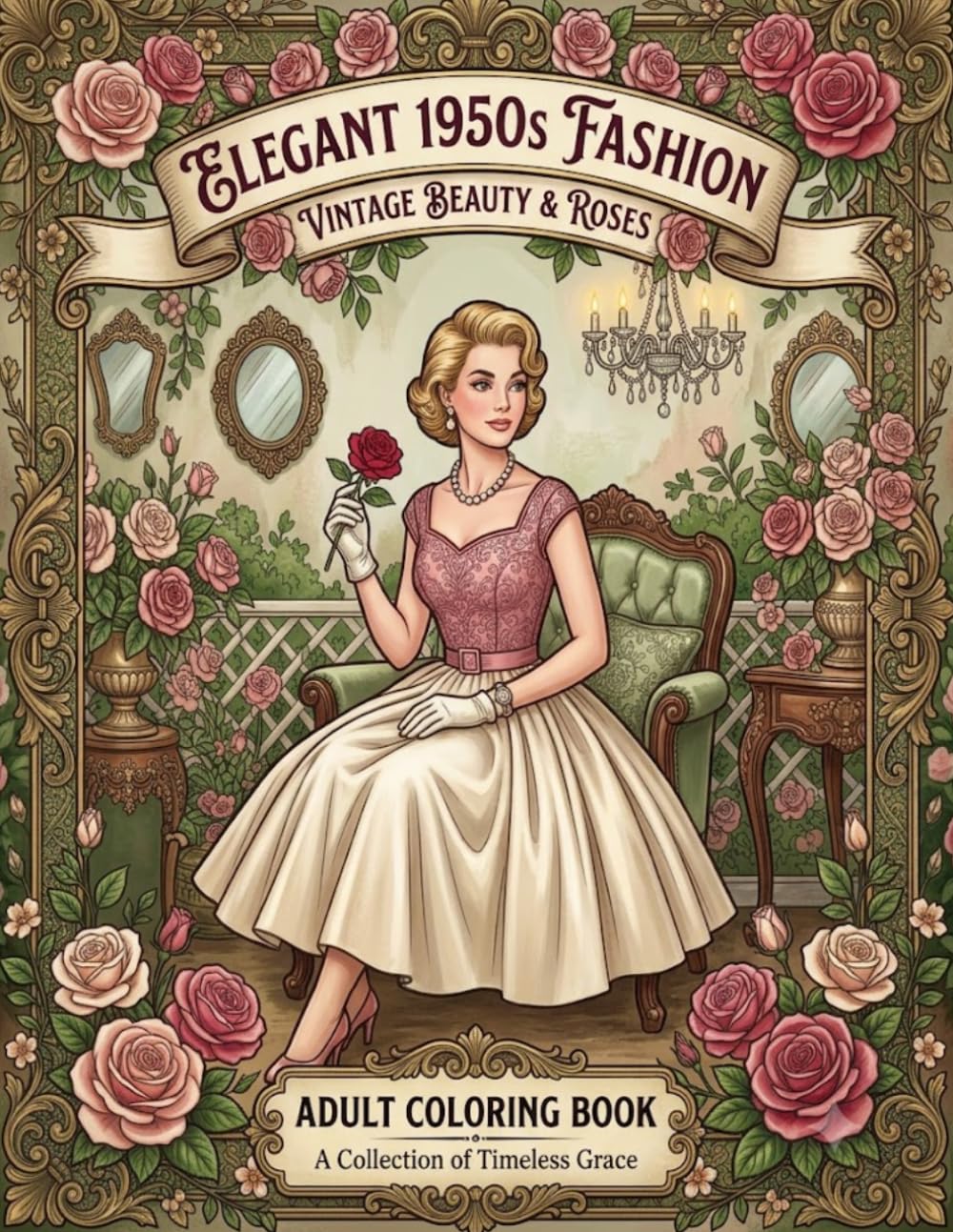 Vintage Elegance: 1950s Fashion Coloring Book for Adults: Relaxing Retro Ladies, Elegant Dresses, Floral Scenes & Stress Relief