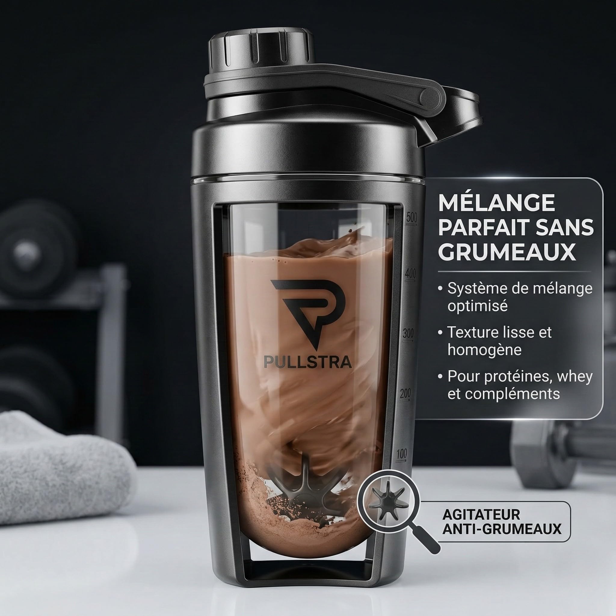 Shaker Protéine 500ml – Shaker Sport Étanche Sans Fuite, Gourde Sport pour Whey & Musculation, Shaker Gradué Sans Grumeaux, Fitness Homme & Femme (Noir)