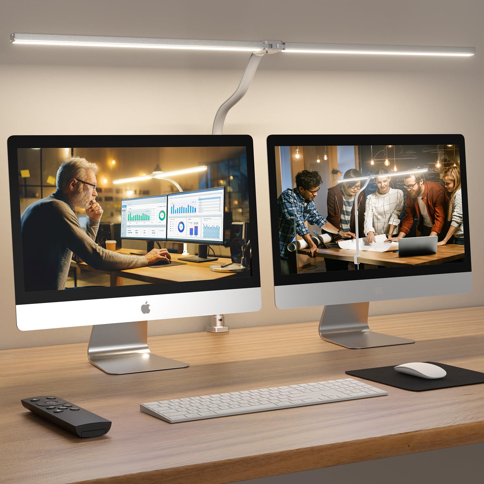 APMIEK Doppelkopf Schreibtischlampe LED Dimmbar, 24W 100 Beleuchtungsmodi, Klemmbar Tageslichtlampe Schreibtisch Lampe, Schwanenhals Büro Tischlampe Augenschutz Arbeitsplatzleuchte,Silbrig