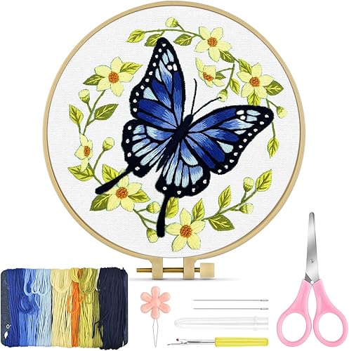TINDTOP Kit de bordado para principiantes adultos, kit de bordado de mariposa para principiantes, incluye aros de tela para bordar, hilos para