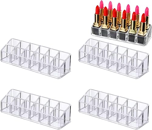 Paquete de 4 organizadores de lápiz labial, soporte de lápiz labial acrílico transparente de 12 ranuras, organizador de maquillaje para tocador,
