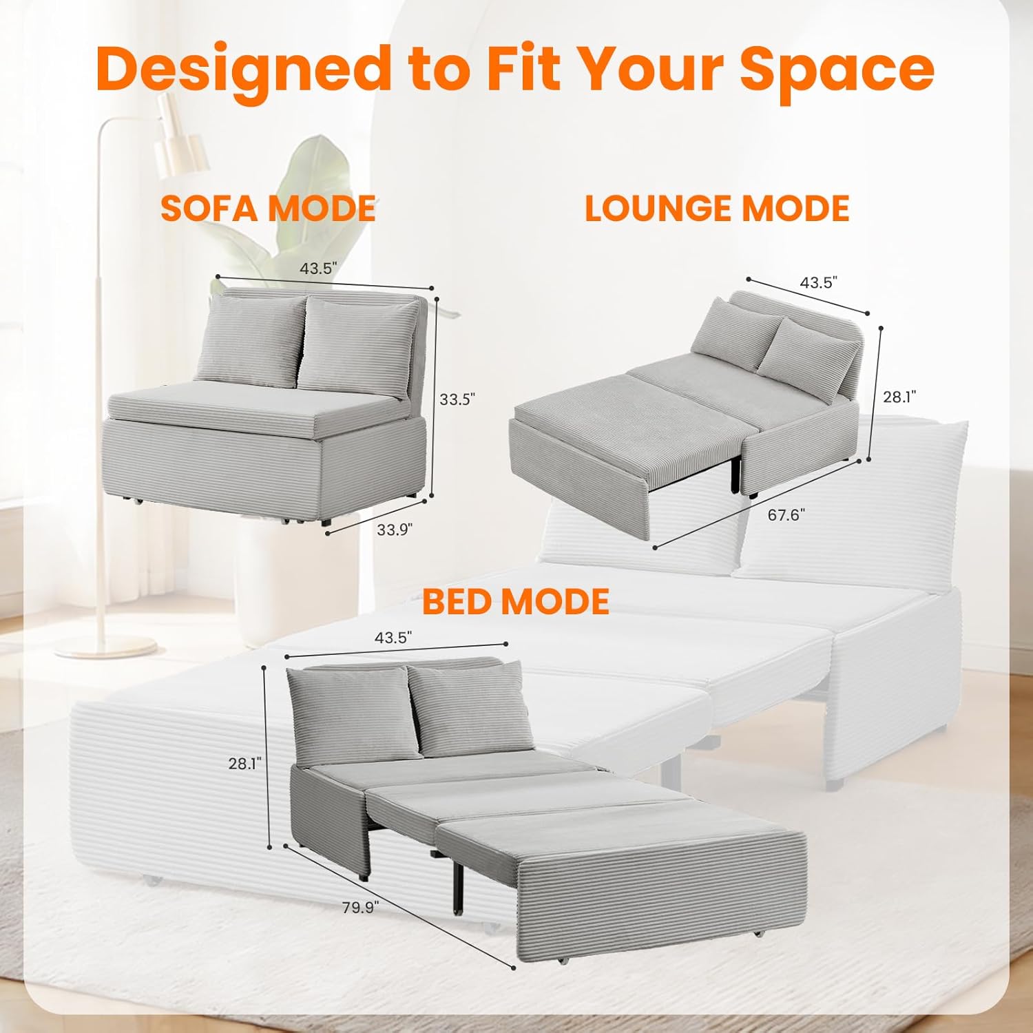 CECER 43.5" Twin Size Pull Out Sofa Bed，Corduroy Pull Out Couch with Tri-fold Mattress，3-in-1 Convertible Sleeper Sofa with Pillows for Small Space/Bedroom/Apartment（Light Grey）