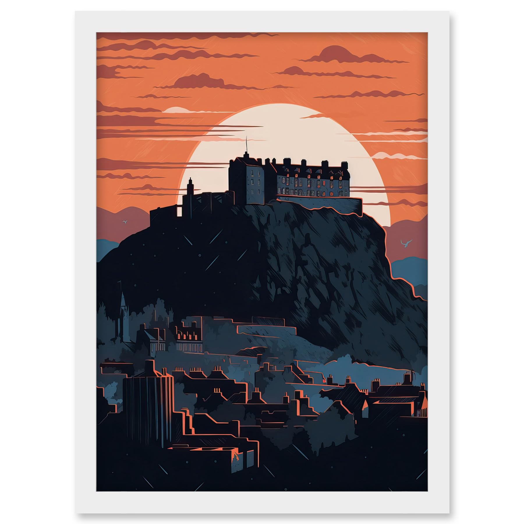 Artery8 Edinburgh Castle and Old Town Atmospheric Sunset Artwork Framed A3 Wall Art Print