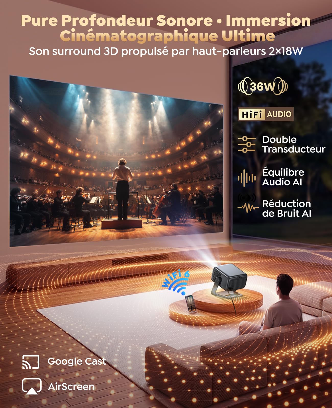 Smart Beamer【Google TV i głośnik 30 W】Projektor kina domowego 4K obsługuje autofokus/korekcję trapezu 6D, HDR10, WiFi Bluetooth Full HD 1080p LED projektor obrotowy 360°, projektor zewnętrzny 4K do