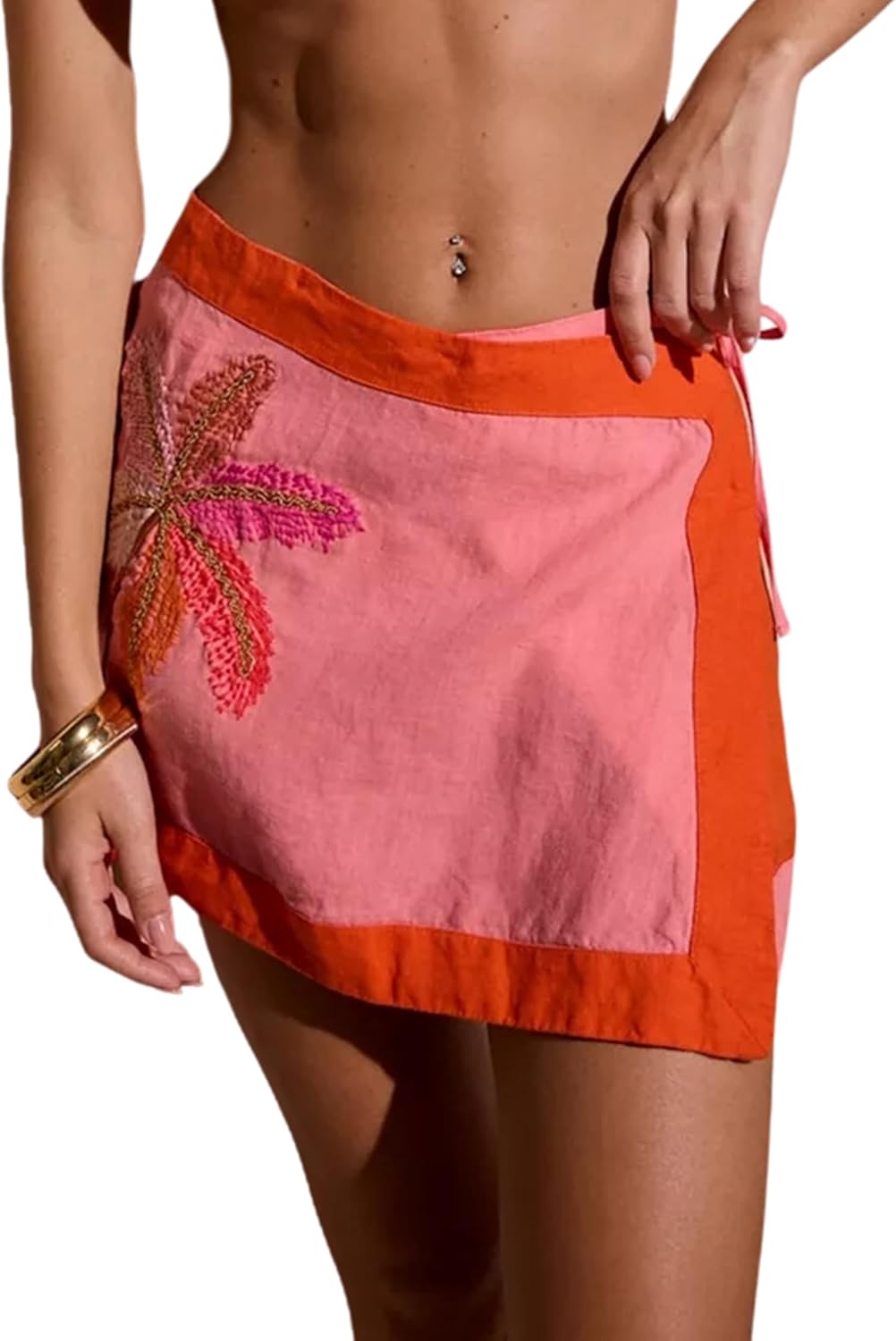 Huaqiao Women's Embroidered Wrap Mini Skirt Summer Cotton Linen Tie Side High Waist A Line Beach Boho Short Skirt