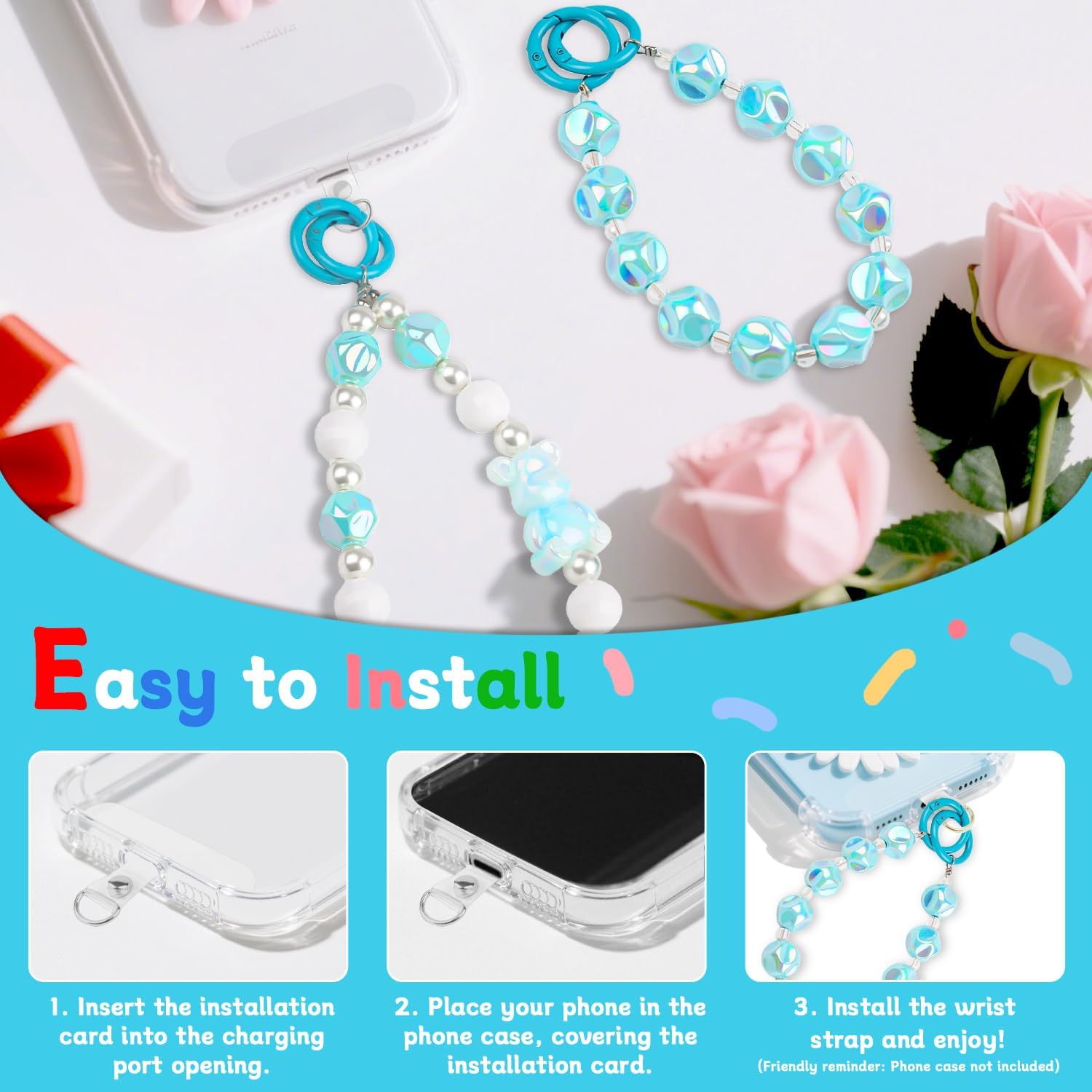 2 Pcs Phone Charm Wrist Strap with Tether Tab, Double Anti Lost Cute Beaded Wrist Lanyard, Detachable Transparent Phone Charms for Bag, Key Chains, Camera Decor (Blue Irregular Bead)