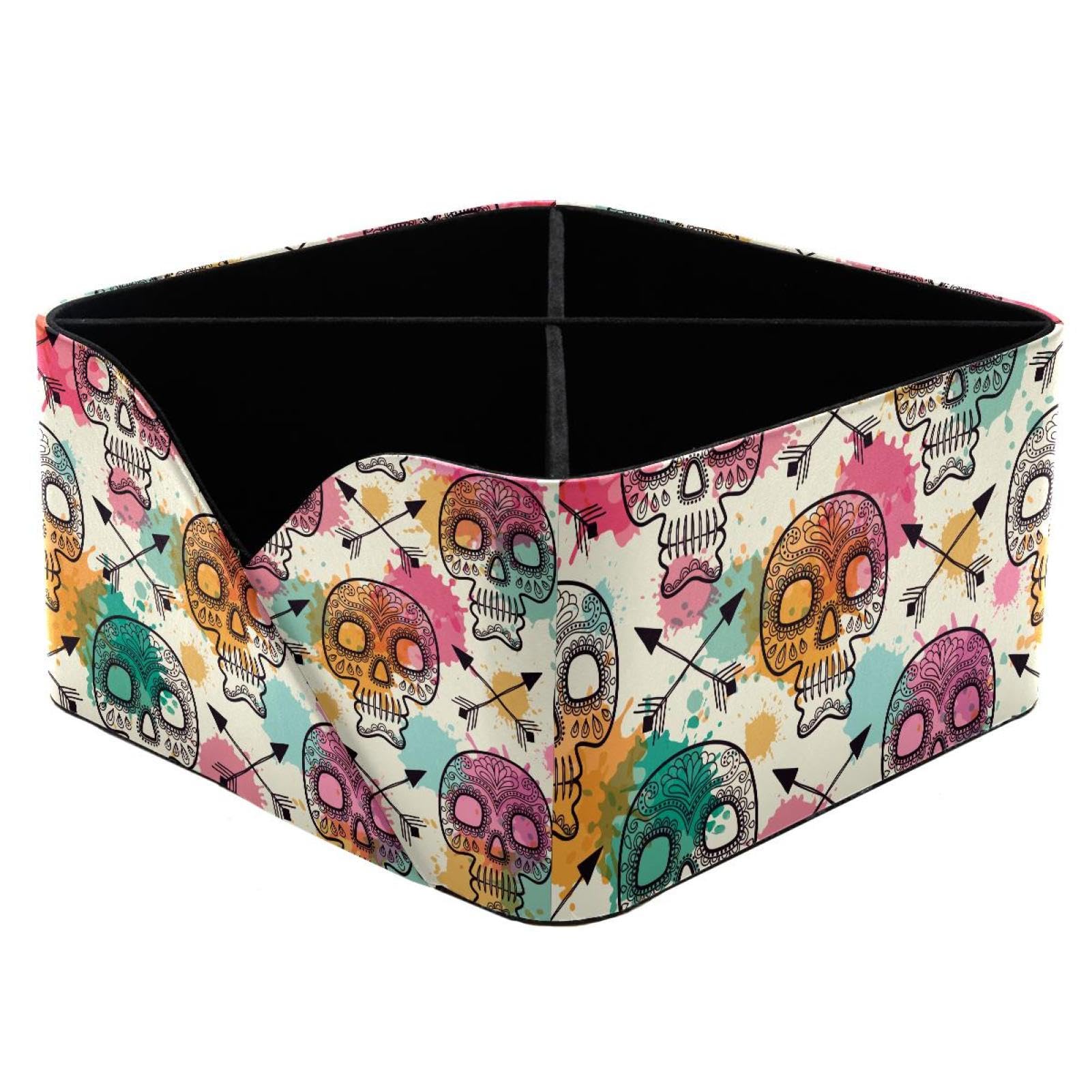 KengjuTesu Skull Mexican Day of the Dead Vintage Pattern Desktop Organizer Pen Holder, Rectangular Pencil Cup for Office, Study and Makeup Stations