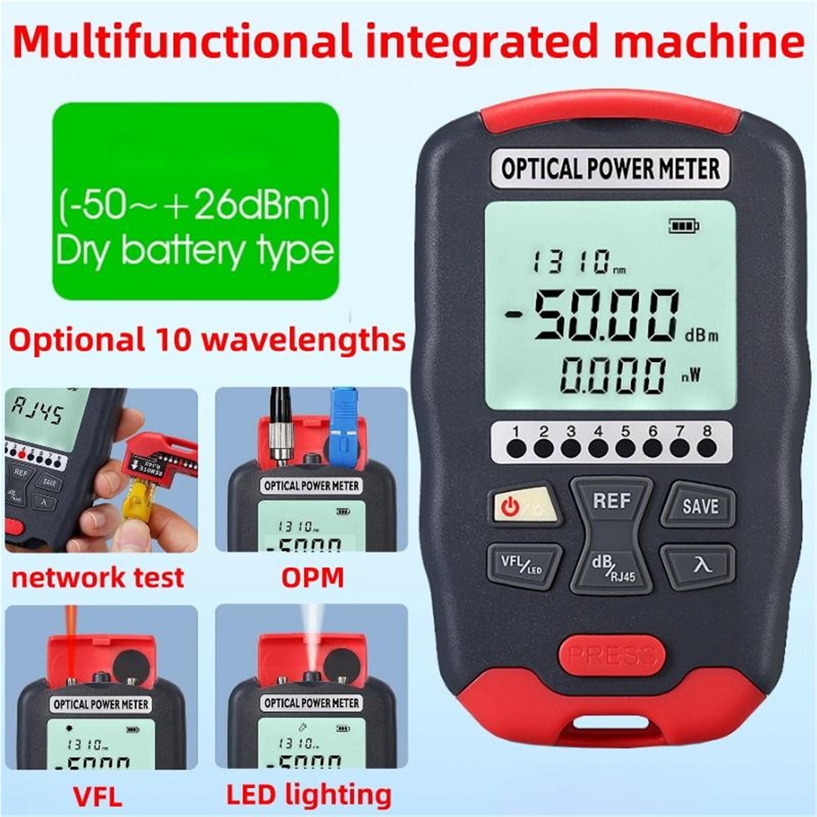 Equipos de Fibra óptica Mini medidor de Potencia óptica (-50 ~ +26 OPM)/Localizador Visual de Fallos (1-50 MW VFL)/Prueba de Red/Probador 4 en 1 con LED,PrecisióN De Prueba(20MW with FC-LC)