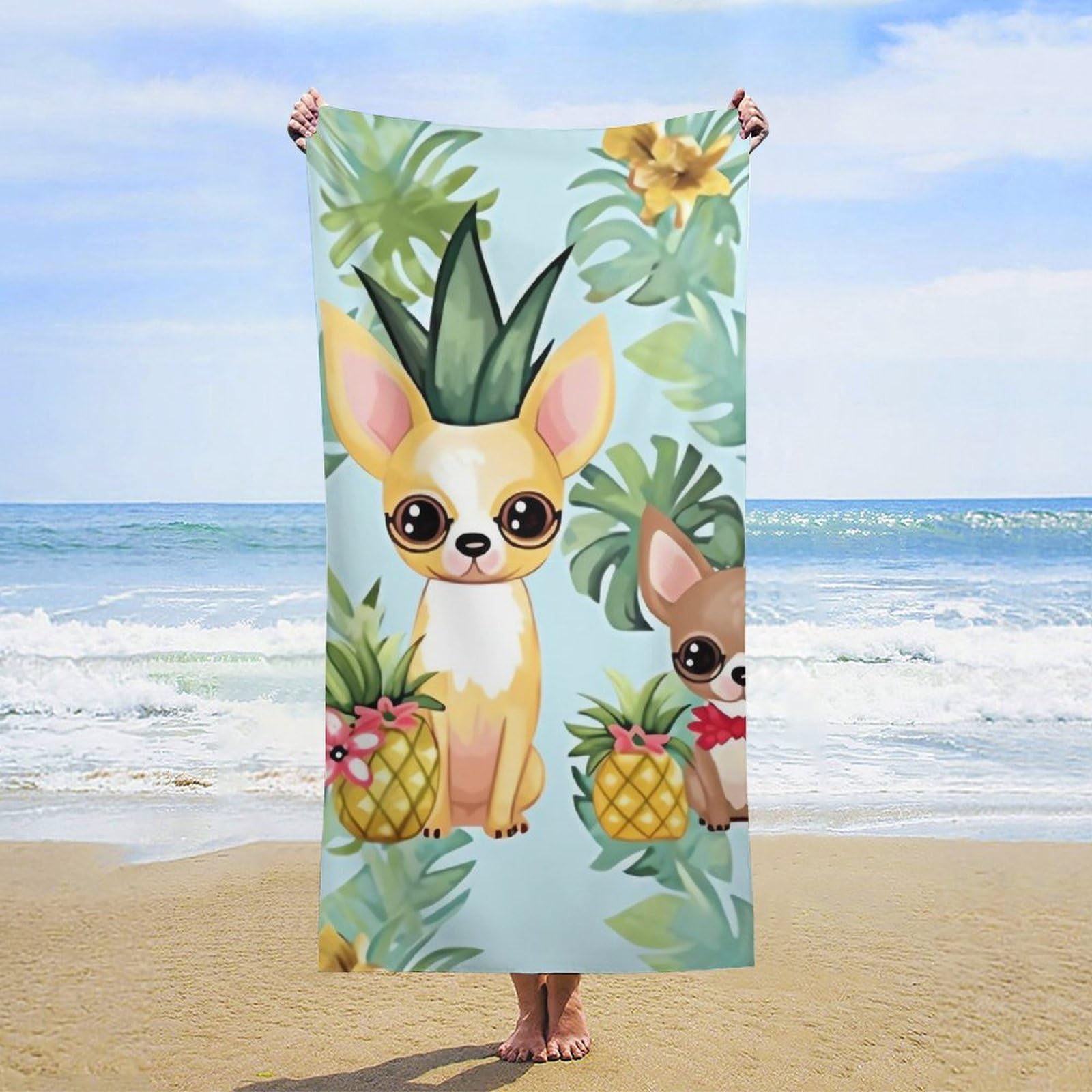 NTVOWPZO Chihuahua Dog Pineapple Beach Towel Oversized Microfiber Bath Towels Lightweight Sand Proof Beach Towels Absorbent Pool Towels for Swimming Yoga Bathroom Towel 31.5" X 63"