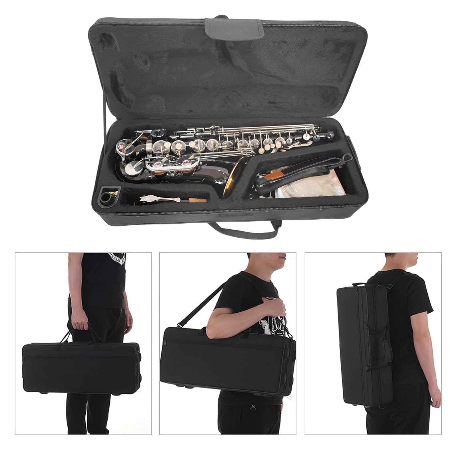 Przyciski muszli, instrumenty muzyczne, saksofon,Czarny Eb Alto Korpus z mosiądzu Białe klawisze muszli Instrument dęty drewniany z futerałem Rękawice Ściereczka do czyszczenia Szczotka Gryf,altowy,