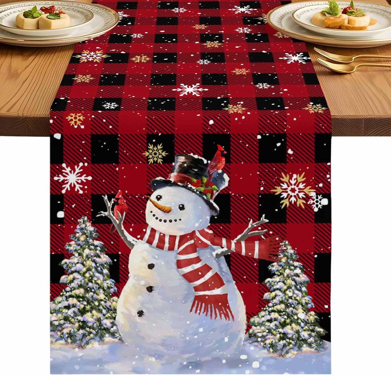 Christmas Table Runner 13x120 Inches Long Snowman Buffalo Plaid Runner for Table Snowflake Xmas Tree Table Runners Cotton Linen Dresser Scarf for Kitchen Coffee Dining Holiday Party Decor Gift