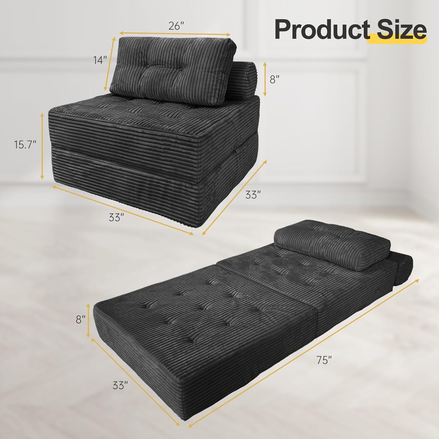 Folding Sofa Bed, Velvet Convertible Sleeper Chair with Pillow, Fold Out Chair Bed with Memory Foam, Futon Sleeper Couch Washable Cover for Dorm/Apartment, Dark Grey Single