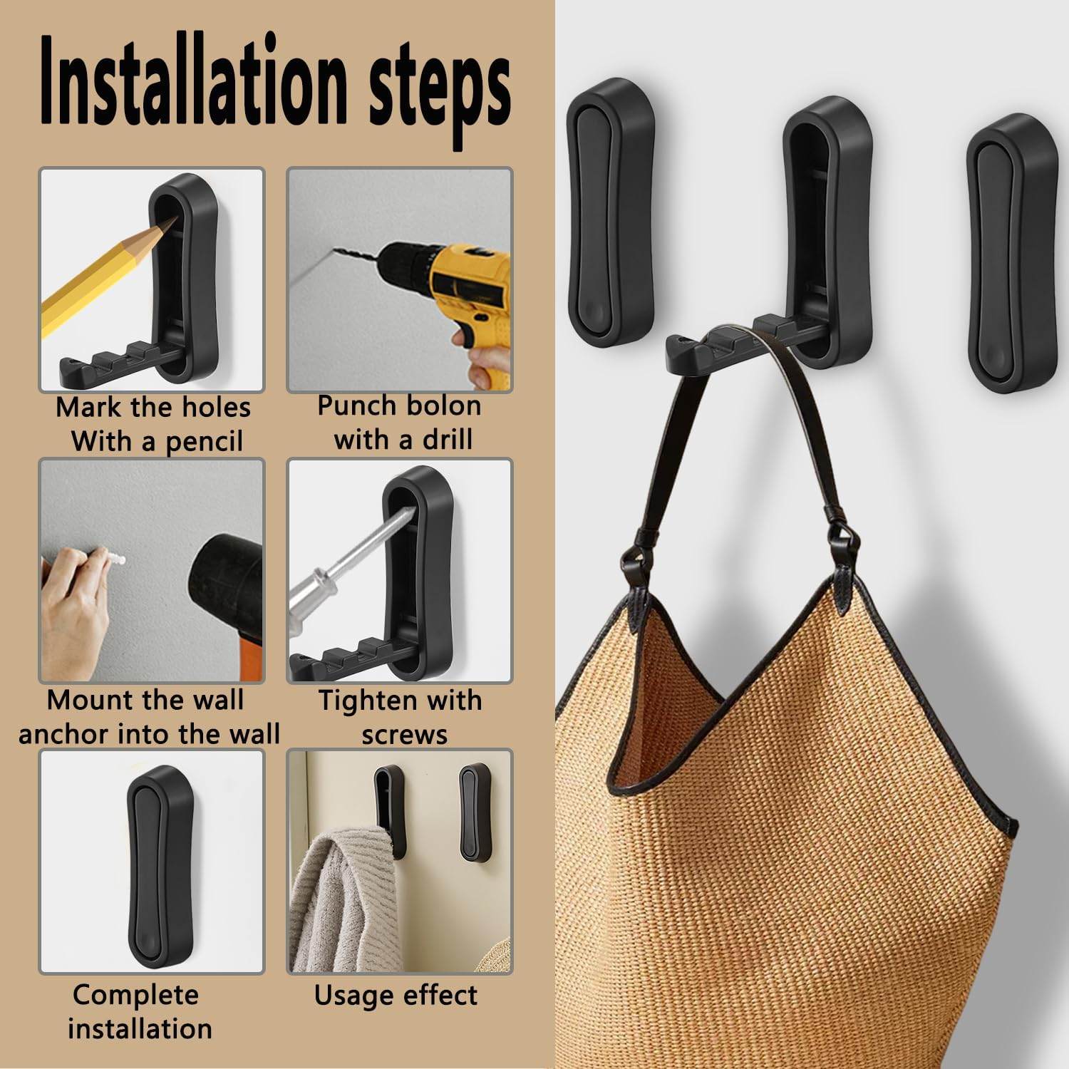 4PCS Foldable Wall Hook, Zinc Alloy Flip Down Hook with Screws, Heavy Duty Foldable Hook for Hanging Coat Clothes Towels Hat Bags (Black)