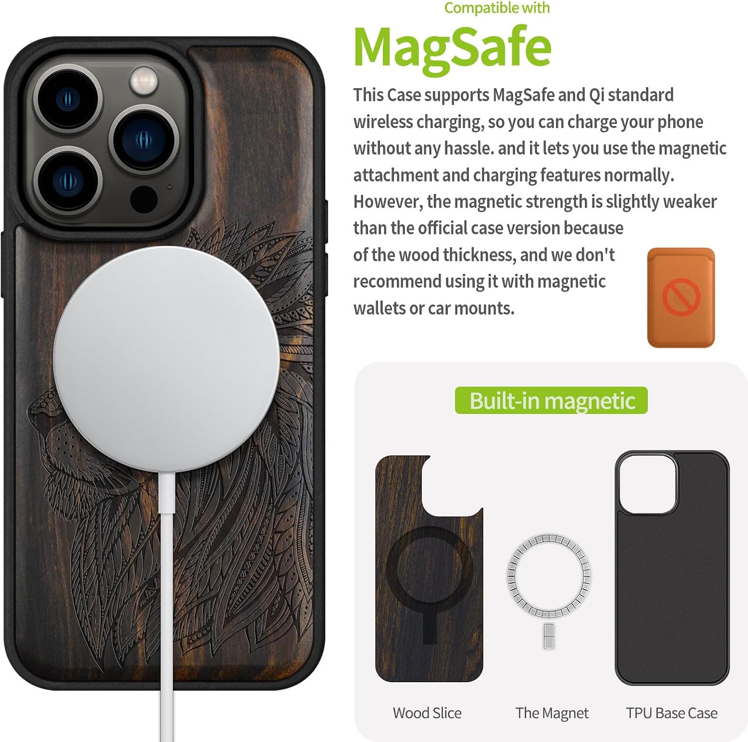 Carveit Magnetic Wooden Case for iPhone 15 Pro Case, Compatible with MagSafe Wireless Chargers, Black Soft TPU Shockproof Cover & Wood Artisan Engraved (Ornate Lion's Head) - Blackwood