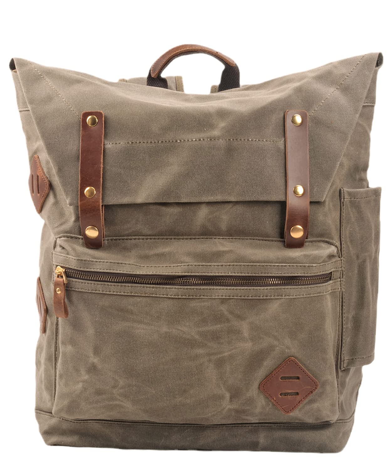 WUDON Canvas Leather Laptop Backpack for Men - Casual Style Lightweight Shoulder Rucksack for Daypack Travel Hiking, Green, Large, Vintage