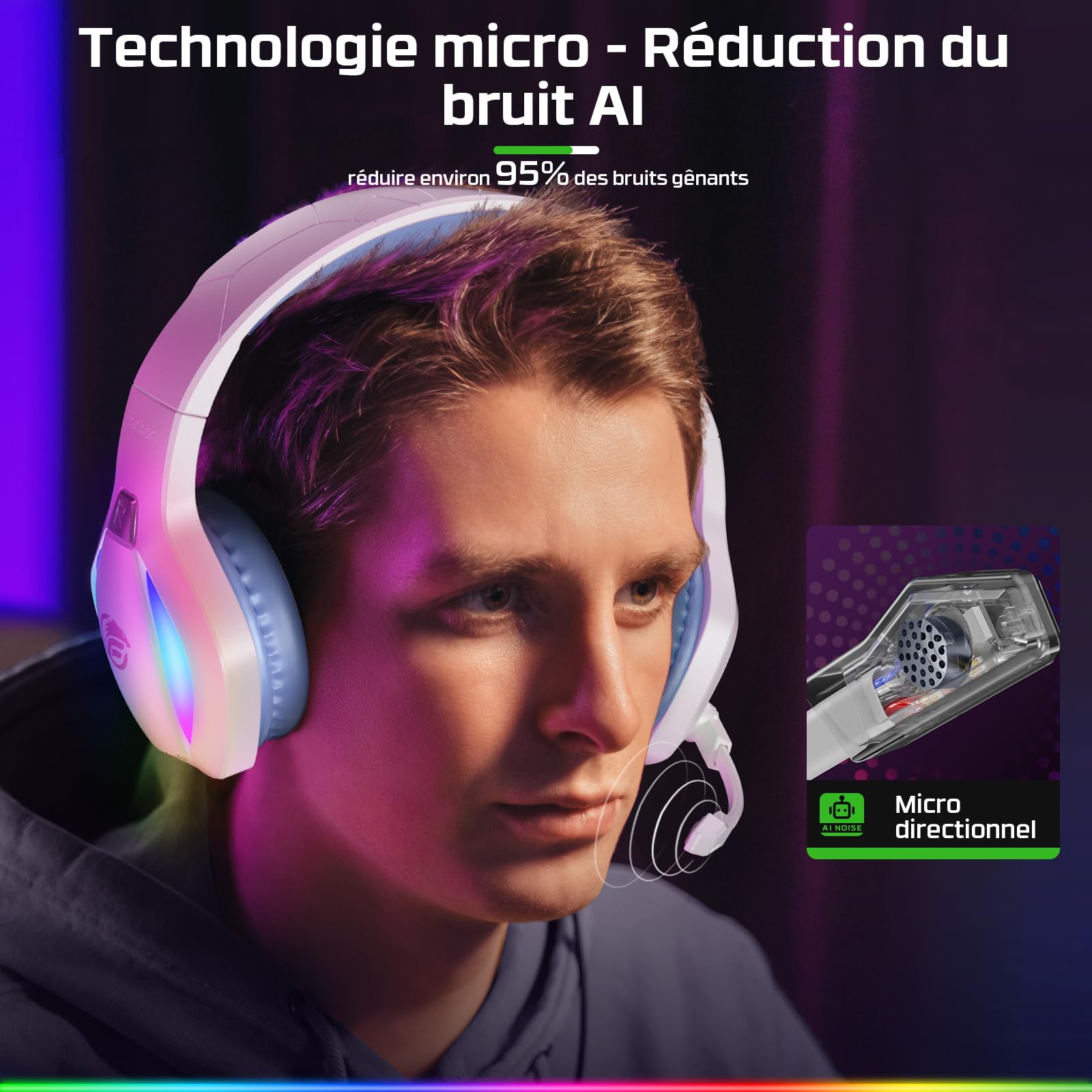 Fachixy FC100 Casque Gaming pour PC, PS4, PS5, Xbox, Mac, Nintendo Switch, Casque Gamer PS4 avec Lumière RVB, Casque PS5 avec Micro, Casque Antibruit avec Prise Jack 3,5 MM