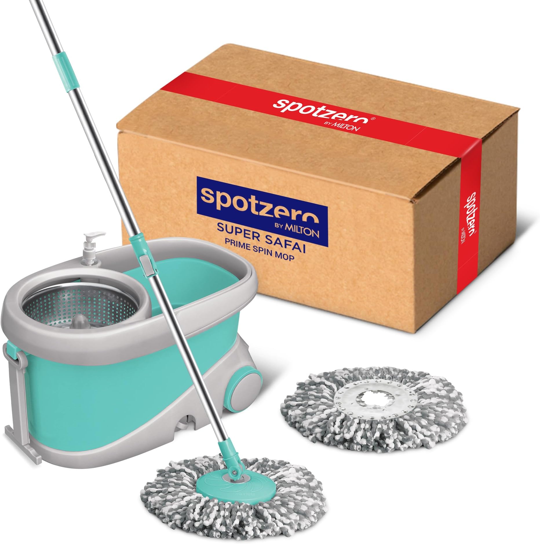 Prime Stainless Steel Wringer Spin Mop with Big Wheel, Puller Handle, Bucket Floor Cleaning and Mopping System 360° Flexible,2 Microfiber Refills, Big Size, Aqua Green