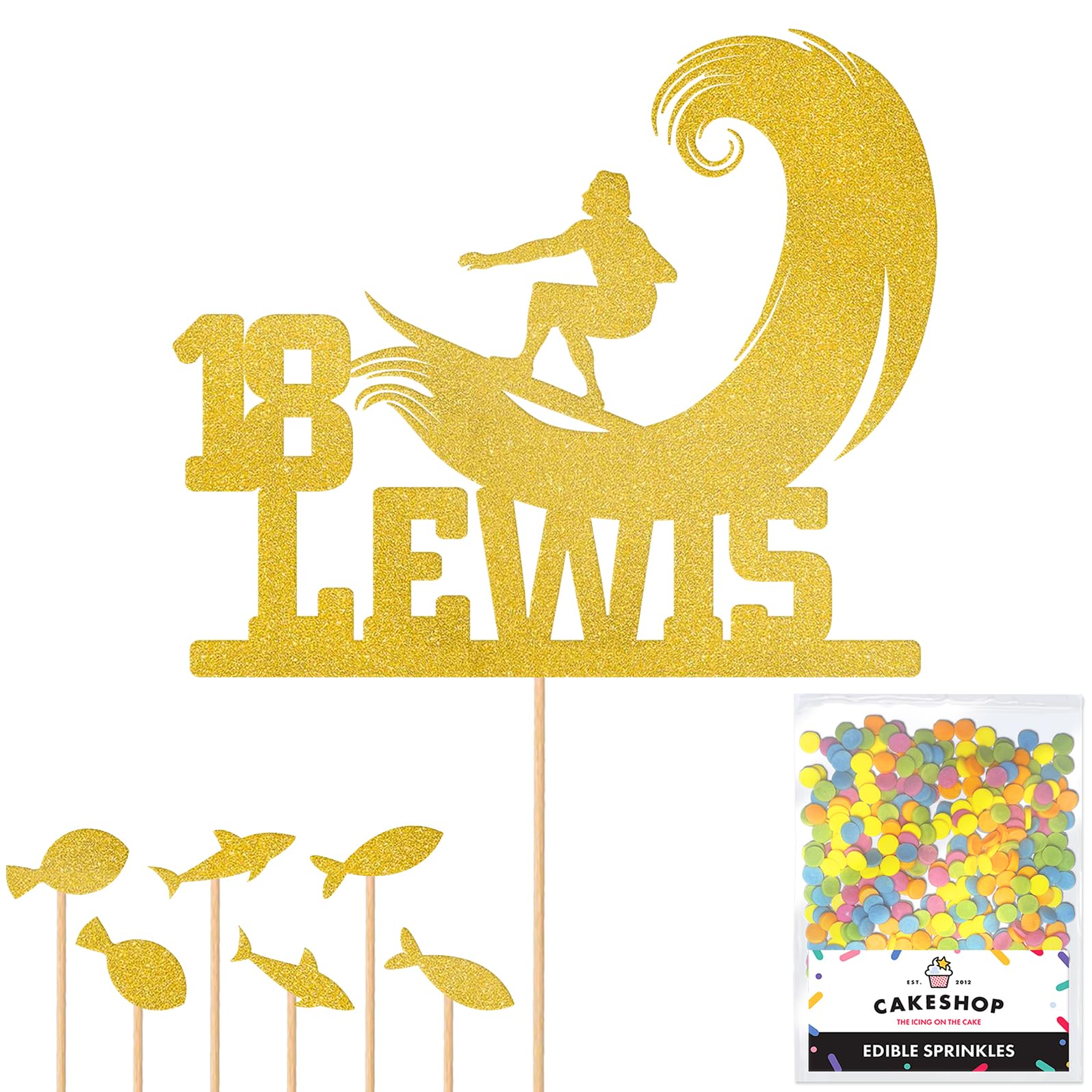Personalised Surfer Wave Surfing Glitter Cake Topper- Gold Any Custom Age & Name Glitter Cake Decoration and Sprinkles - Happy Birthday Decorations - Personalised Toppers for Cakes by Cakeshop