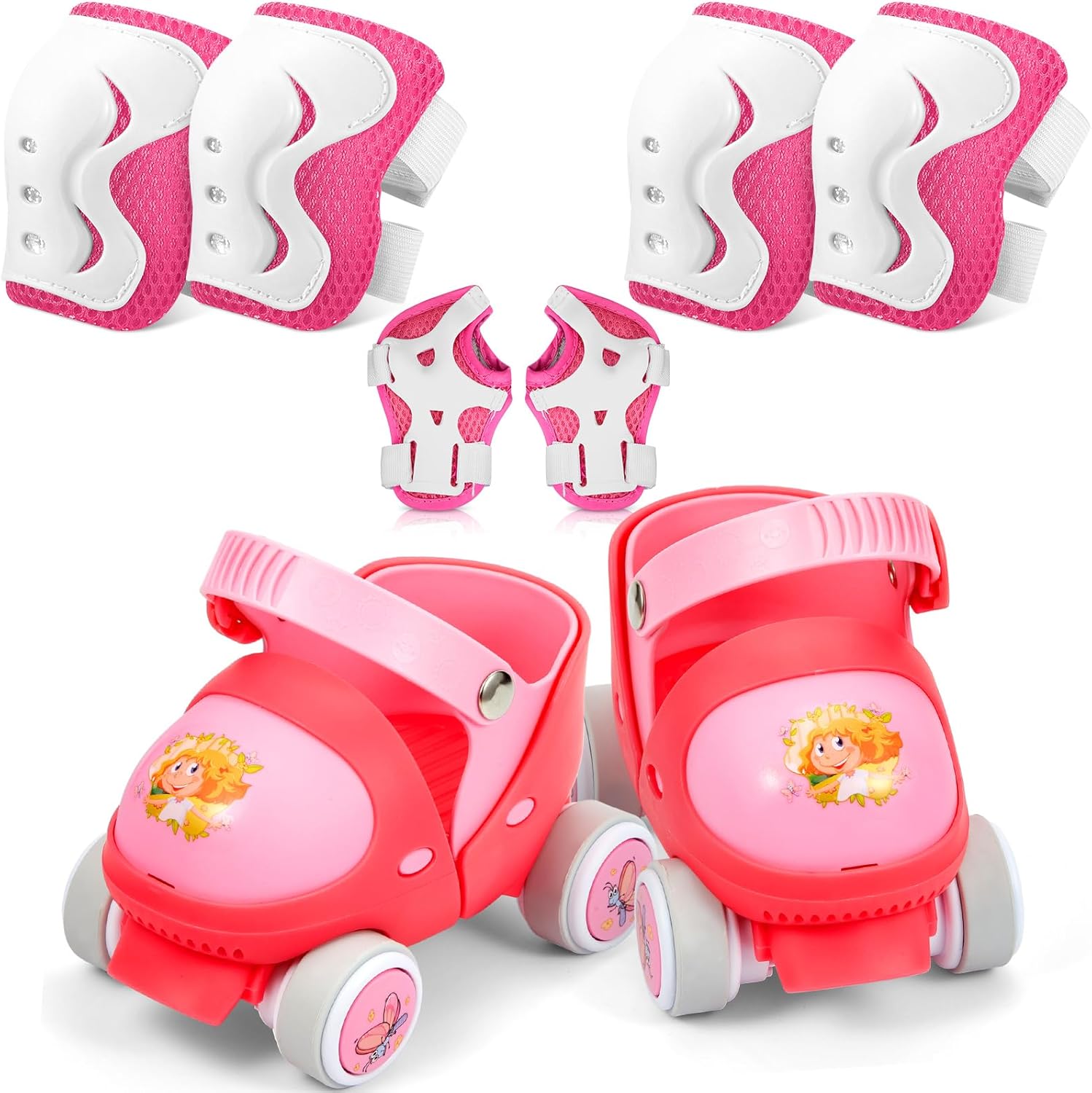 Toddler Roller Skates with Safe Lock Mode Protective Gear Set, Adjustable Kids Quad Roller Skates for Girls Boys Age 2-6 Beginner Skating Shoes