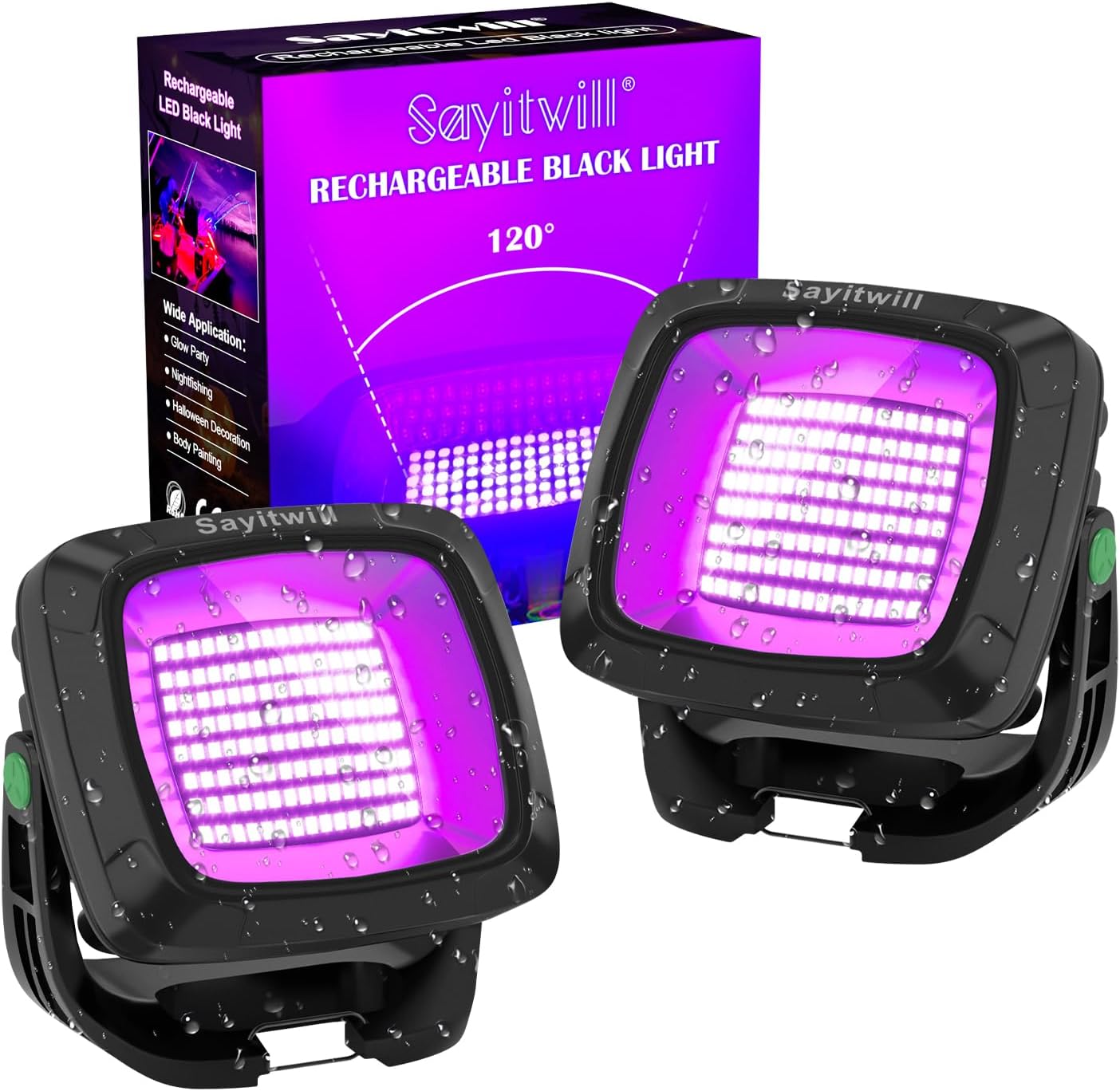 Rechargeable Black Light 2 Pack, 6000Amh Battery Powered Blacklight, 395nm Portable Cordless Ultraviolet Flood Light for Glow Party, Catfishing,Halloween,Body Painting