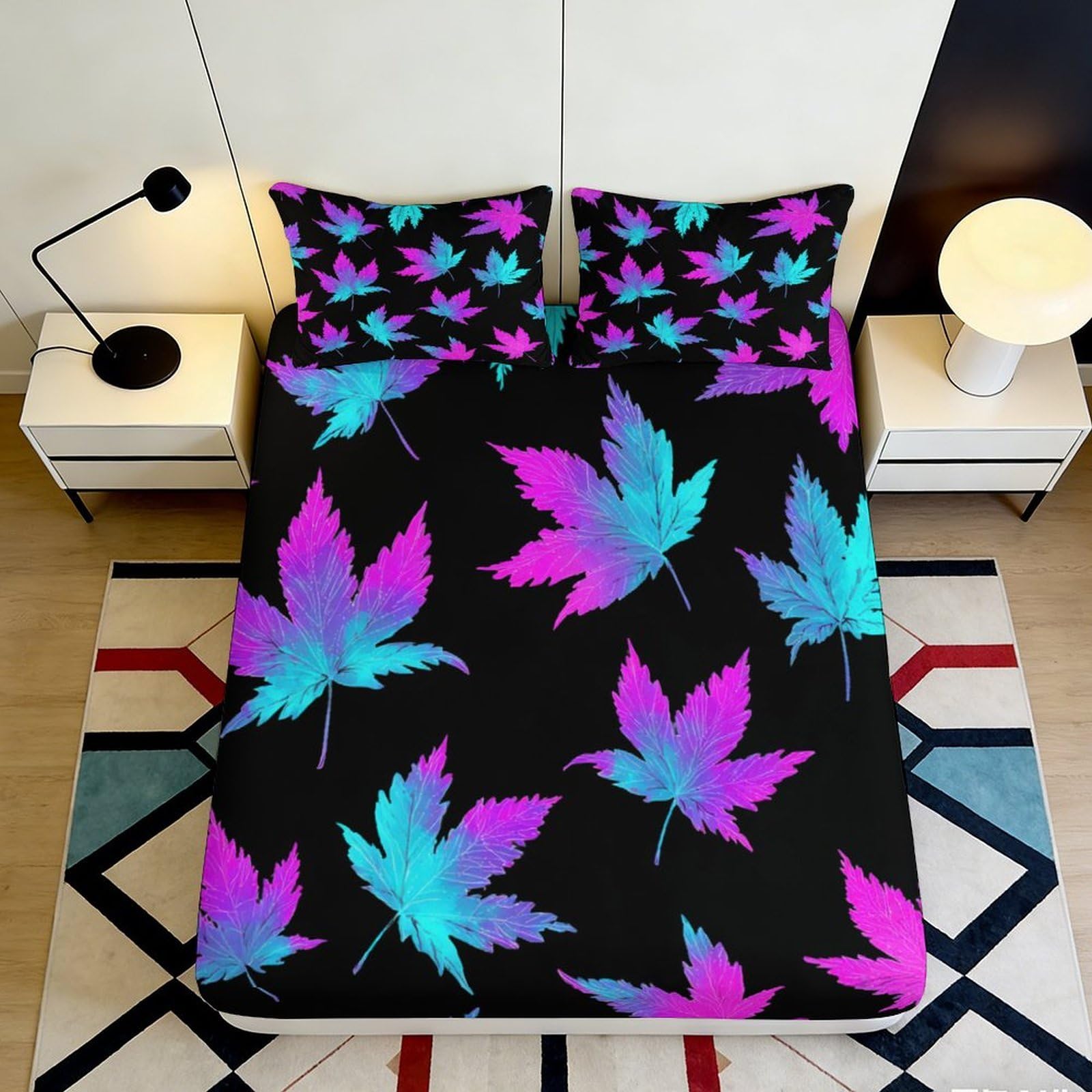 Pnayamiorkfel Style-7 3D Printed Neon Maple Leaf Fitted Sheet Microfiber Soft Breathable Gradient Leaf Bed Cover For Bedroom Dorm Decor 90X200x25cm