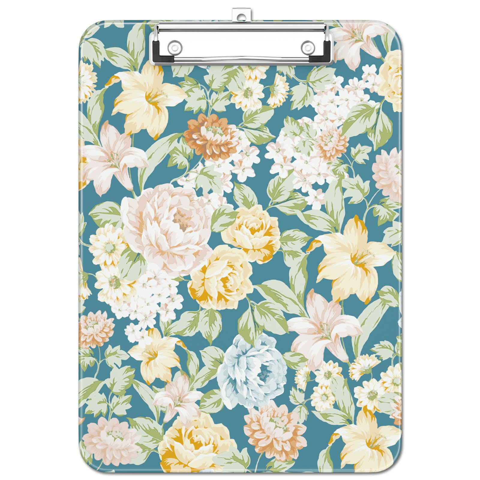 Luminzo Plastic Cute Clipboard, Low-Profile Metal Clip, A4 Letter Size 9 x 12.5 in, 8.5 x 11 Paper Clip Board for Teachers, Nurses, Classroom, Blue Crushed Flower