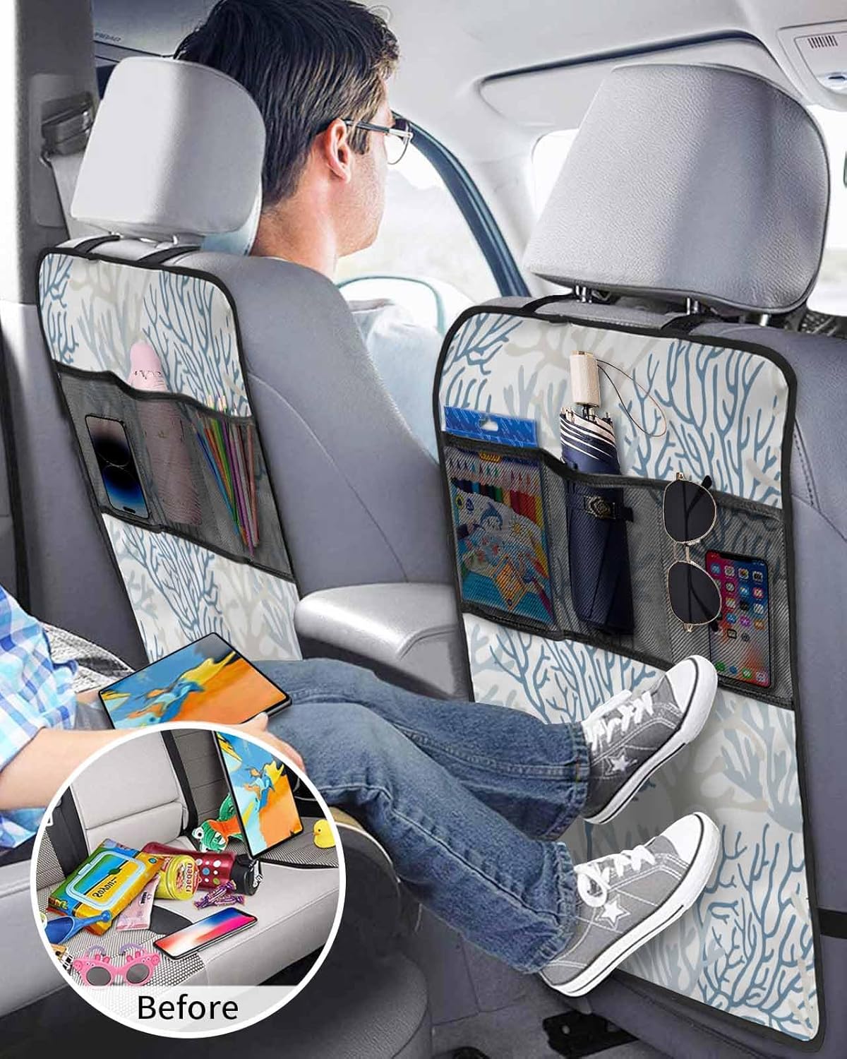 T&H XHome Car Seat Protector, 2 Pack Kick Mats with Organizer - 3 Pocket Storage, Summer Ocean Blue Grey Coral Back Seat Cover for Kids Universal Fit Automotive Interior Protectors