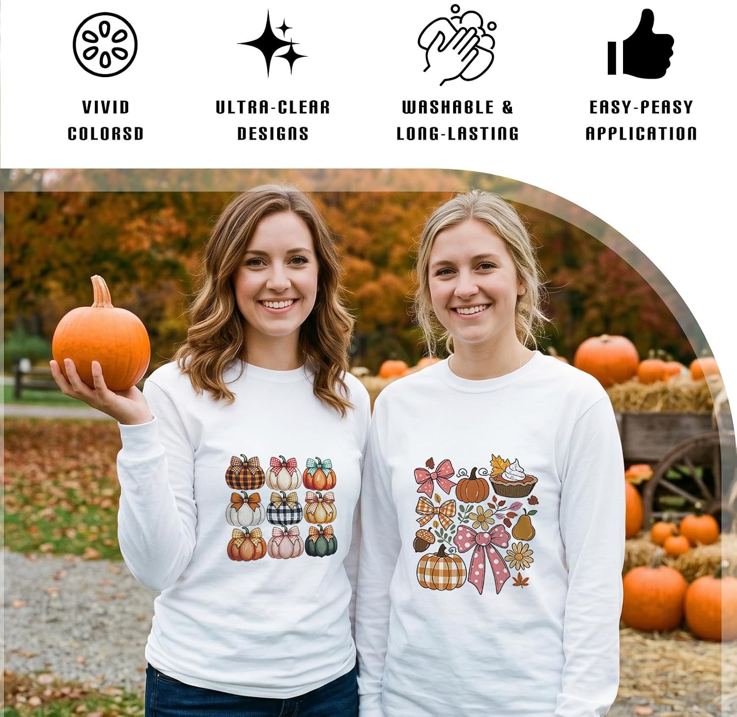 Dazoratix Fall Iron on Transfers - 20 Sheets Pumpkin Bow DTF Ready to Press Ghost Heat Patches Autumn Stickers Vinyl Decals for T Shirts Clothes Hoodies Pillow Bag Hat DIY Crafts Appliques Decorations